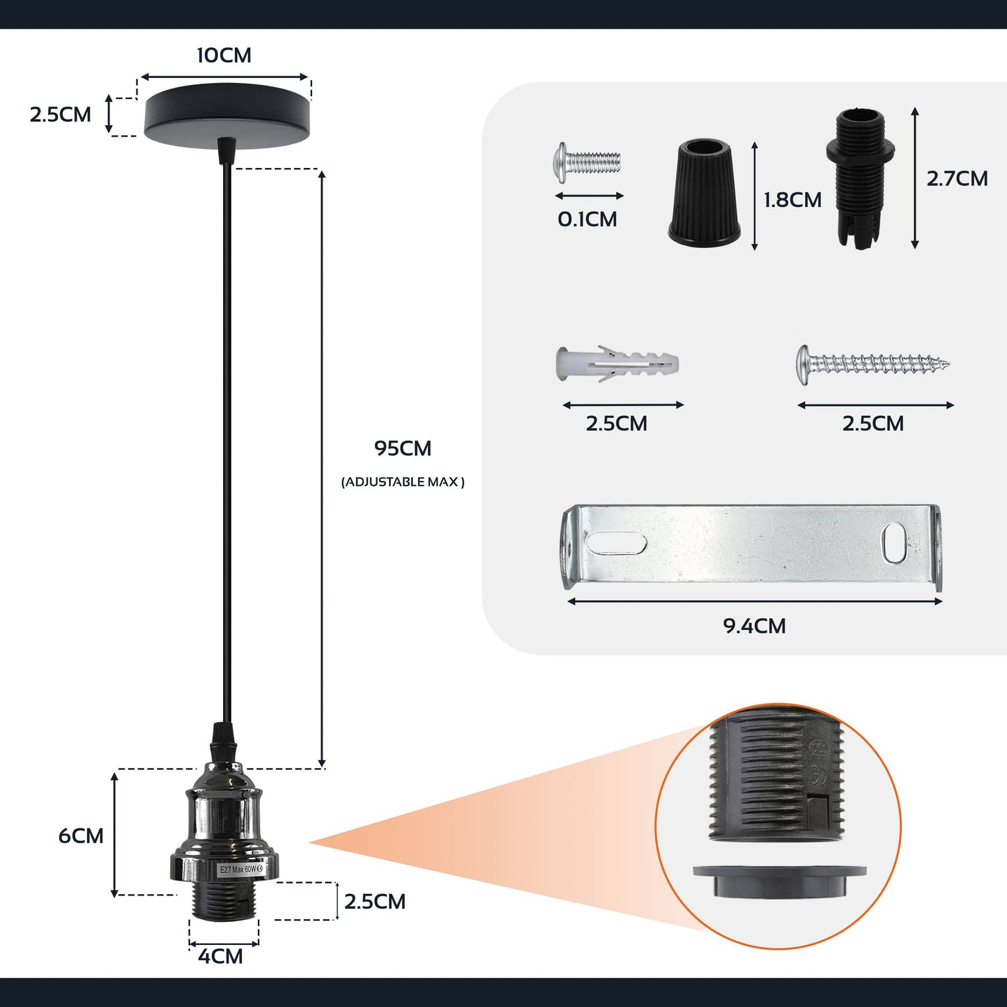 Industrial fixtures E27 Base Metal Screw Lamp Holder with 95cm Cable light set~4457-3