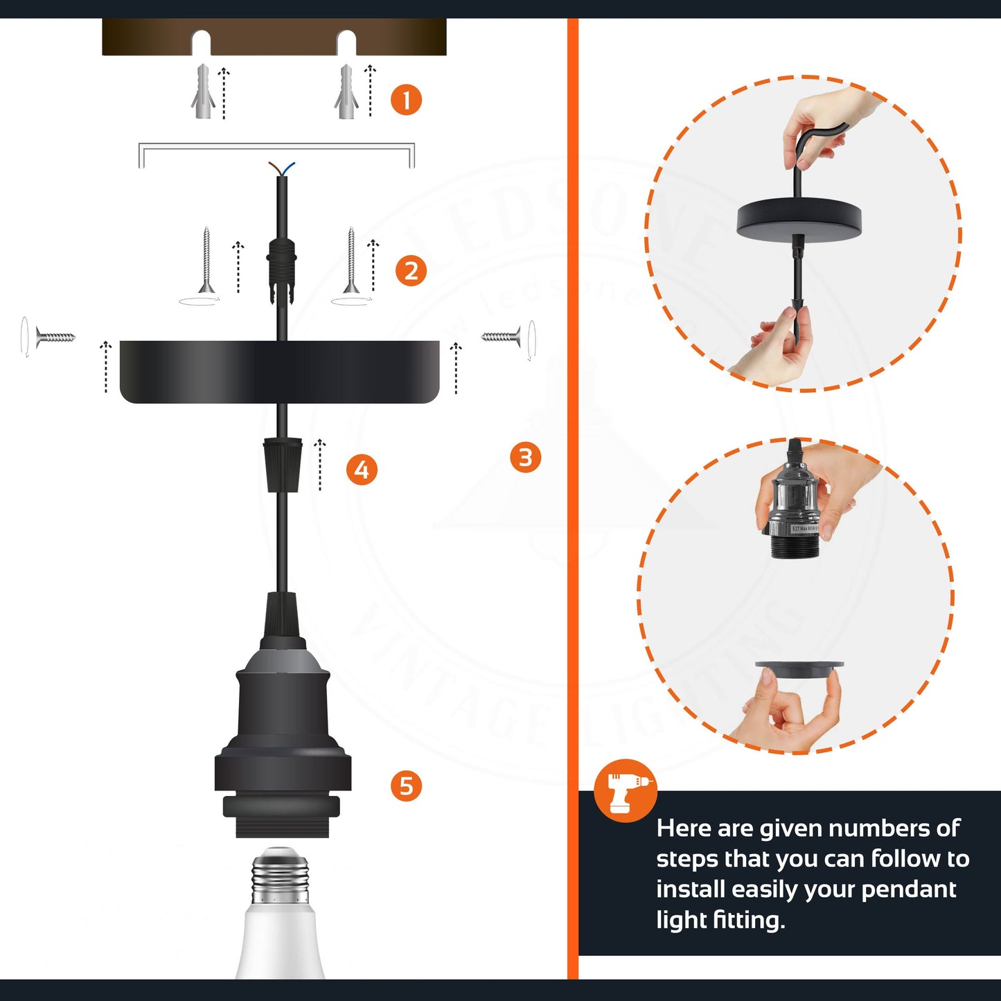Industrial fixtures E27 Base Metal Screw Lamp Holder with 95cm Cable light set~4457-4