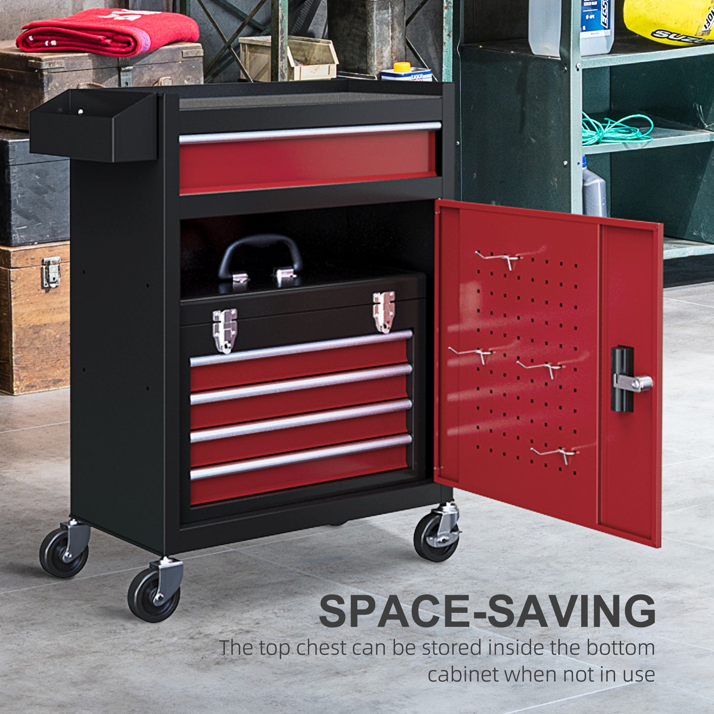 Rolling Tool Cabinet on Wheels w/ 5 Drawers & Lockable Cabinet, Portable Top Tool Chest & Roller Cabinet Combo for Workshop, Home | HOMCOM-3