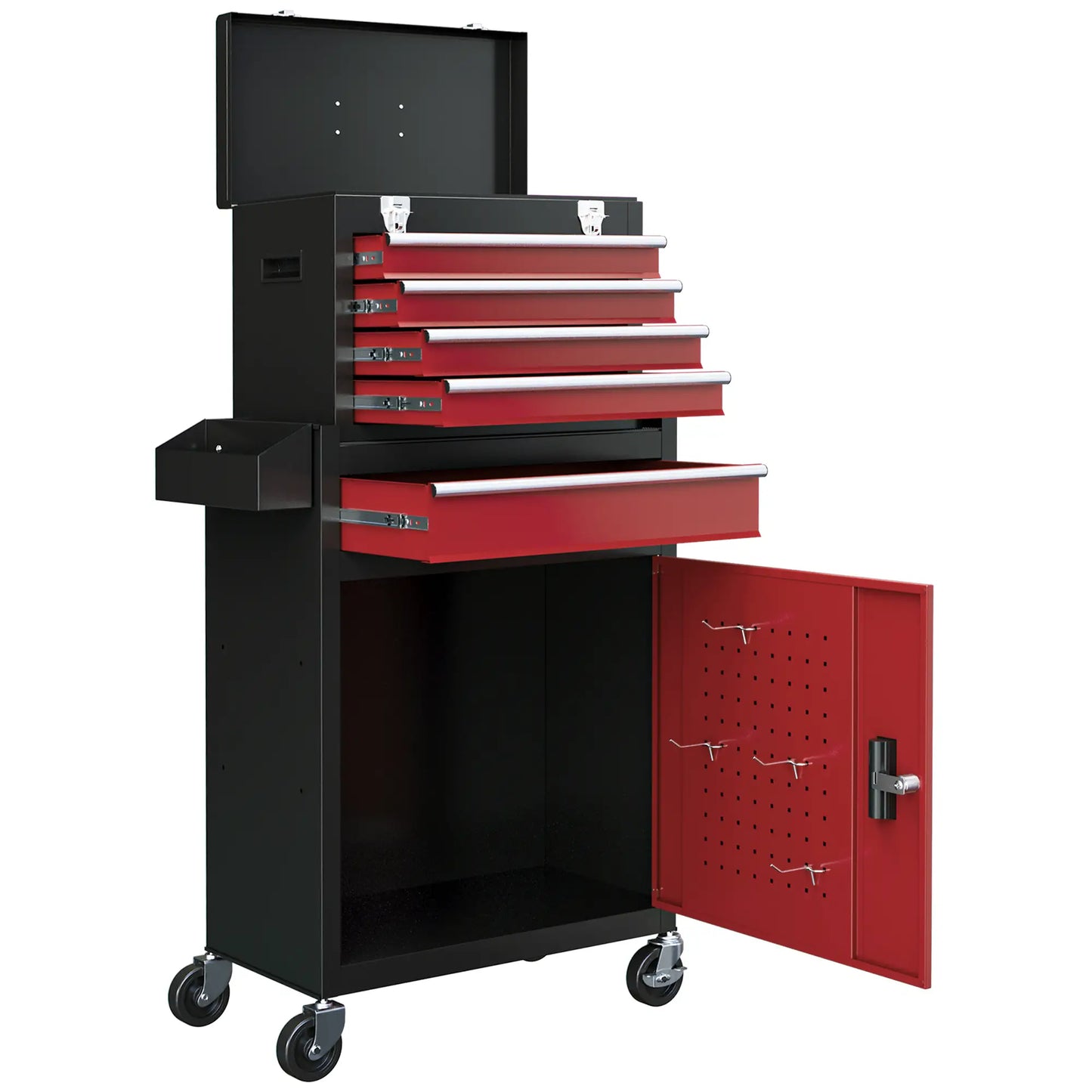 Rolling Tool Cabinet on Wheels w/ 5 Drawers & Lockable Cabinet, Portable Top Tool Chest & Roller Cabinet Combo for Workshop, Home | HOMCOM-0