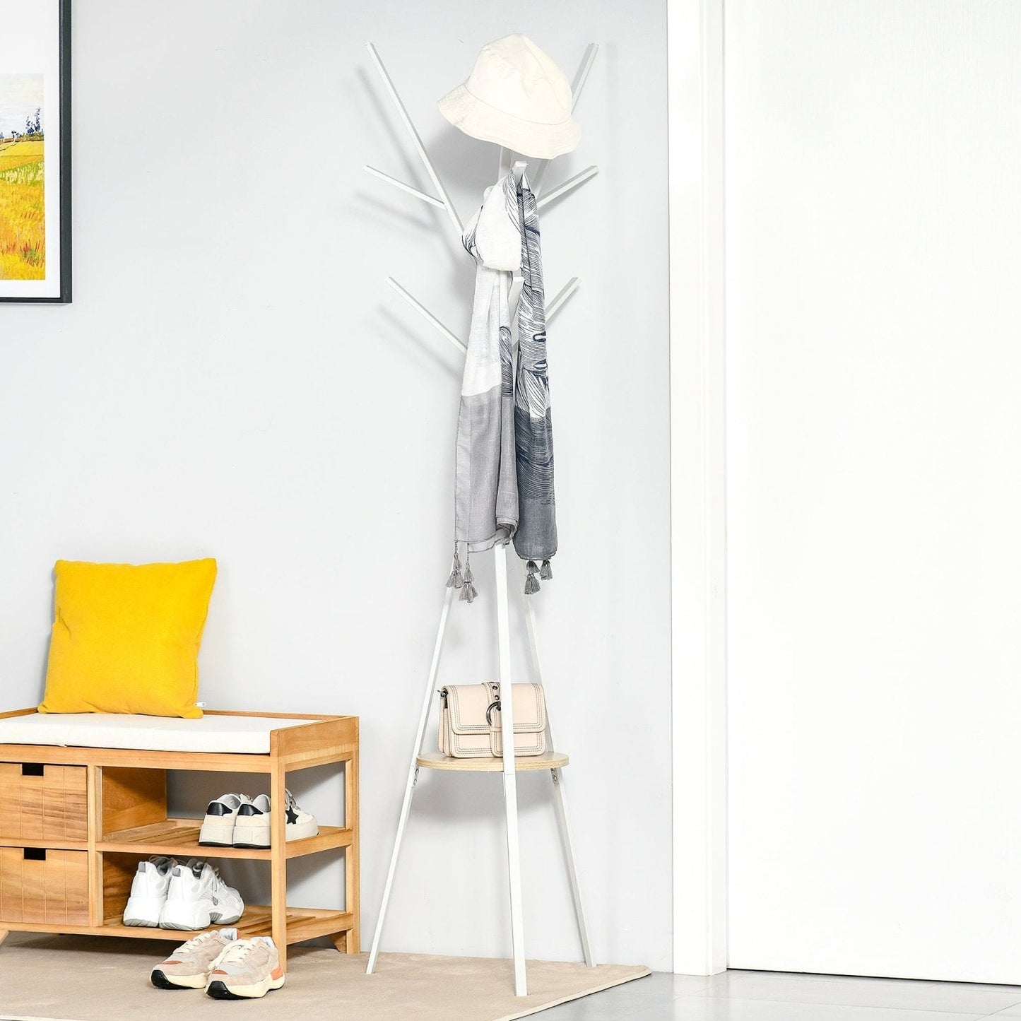 180cm Free Standing Metal Coat Rack Stand 9 Hooks Clothes Tree with 1 Shelf Hat Display Hall Tree Hanger Bag for Hallway Living Room White-1