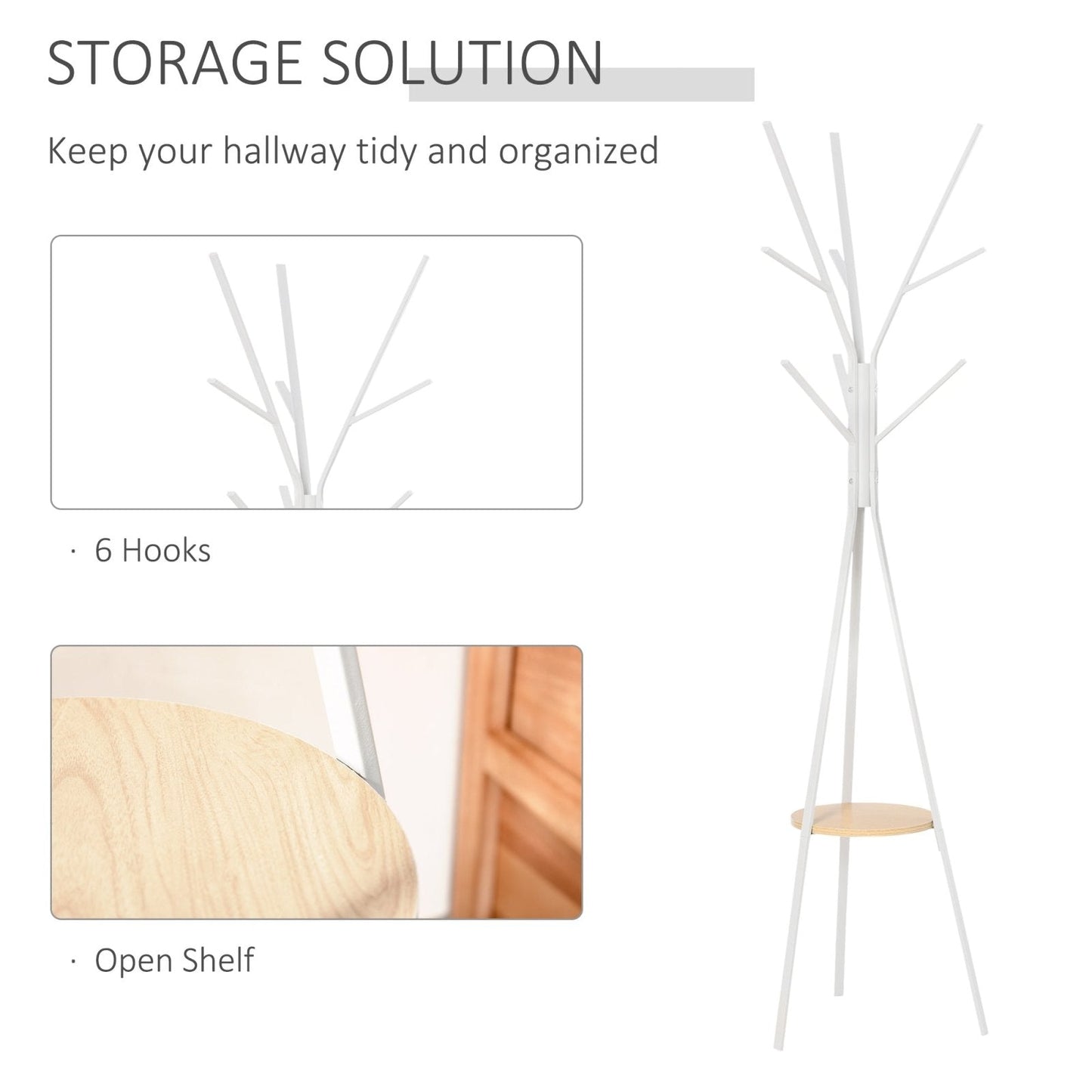 180cm Free Standing Metal Coat Rack Stand 9 Hooks Clothes Tree with 1 Shelf Hat Display Hall Tree Hanger Bag for Hallway Living Room White-4