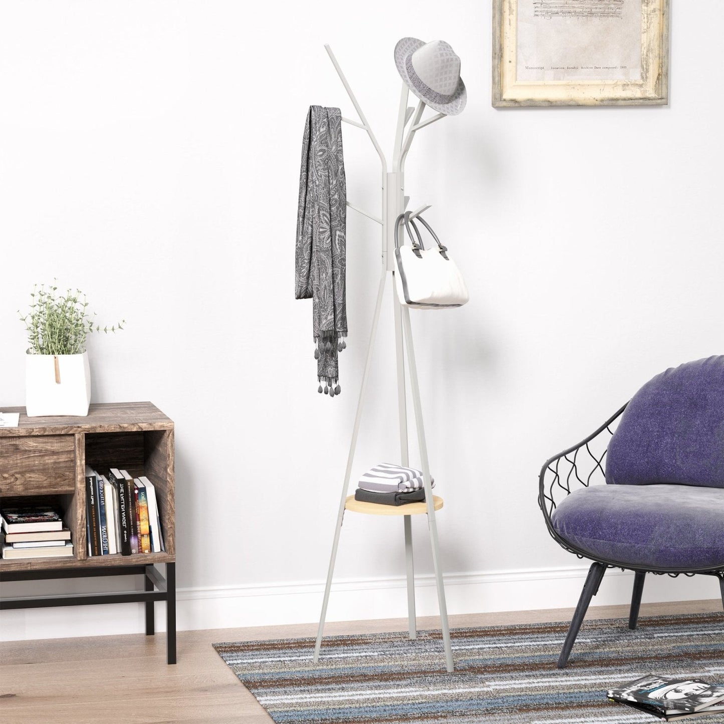 180cm Free Standing Metal Coat Rack Stand 9 Hooks Clothes Tree with 1 Shelf Hat Display Hall Tree Hanger Bag for Hallway Living Room White-3