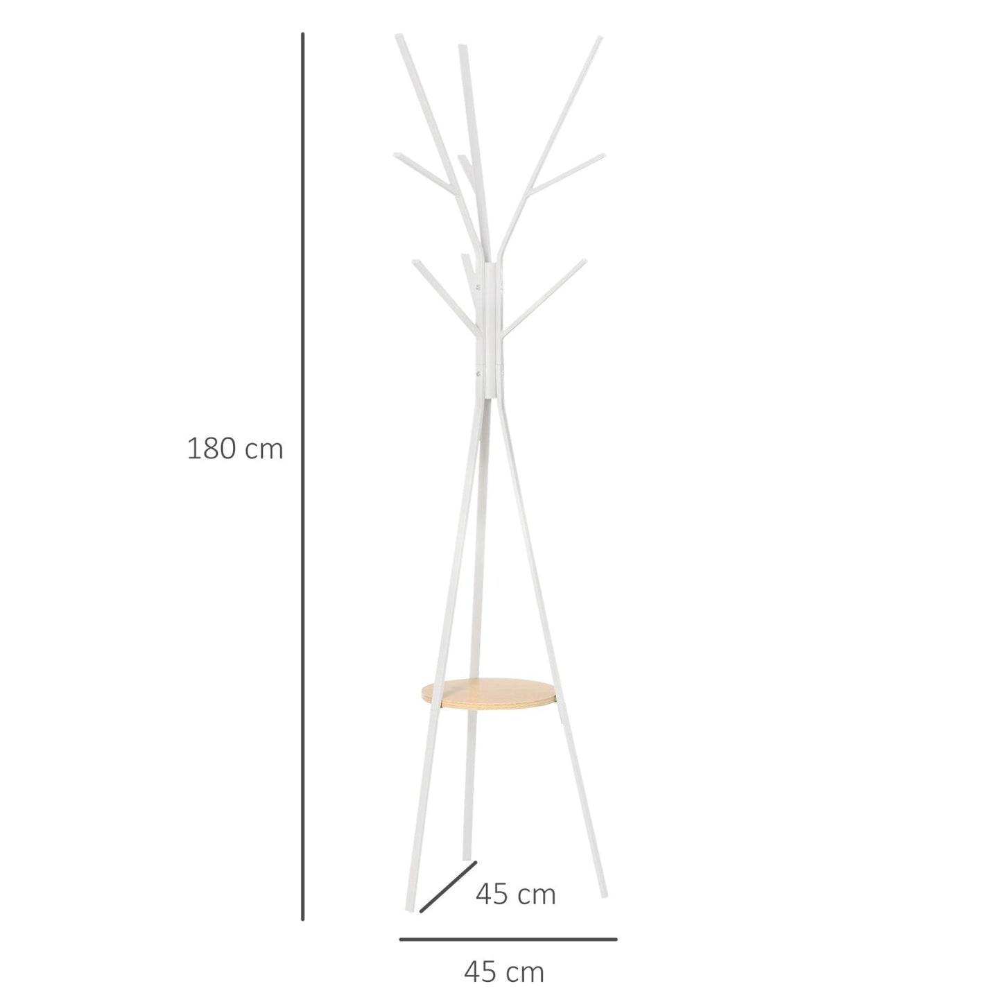 180cm Free Standing Metal Coat Rack Stand 9 Hooks Clothes Tree with 1 Shelf Hat Display Hall Tree Hanger Bag for Hallway Living Room White-2