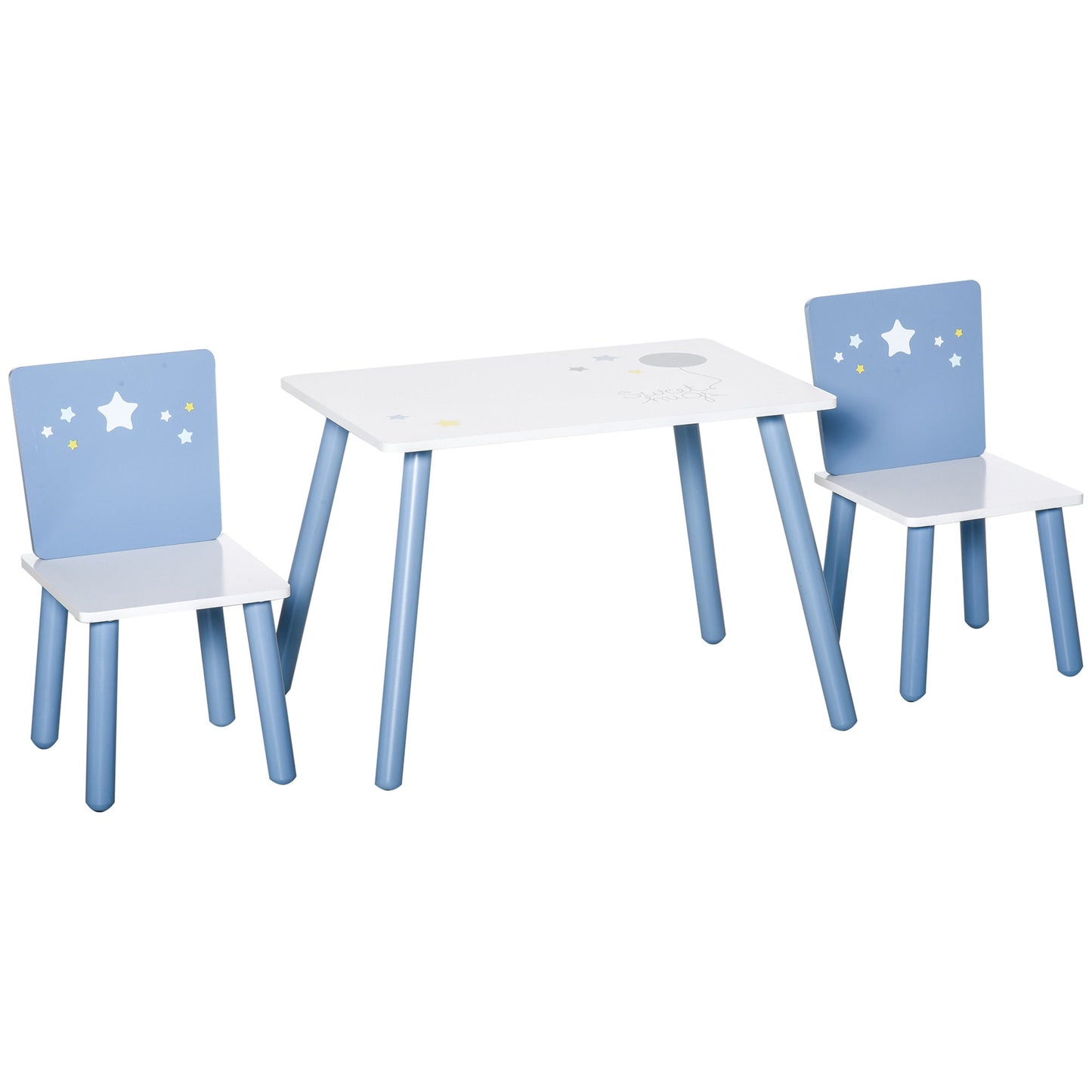 Kids Table and Chairs Set 3 Pieces 1 Table 2 Chairs Toddler Wooden Multi-usage Easy Assembly Star Image Ornament Blue and White-0