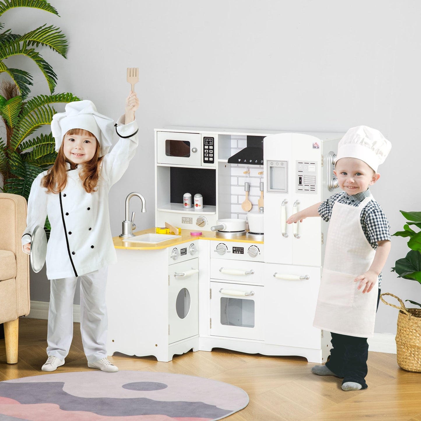 Kids Wooden Kitchen, Large Pretend Role Play Kitchen w/ Realistic Refrigerator, Microwave, Oven, Range Hood, Sink, Telephone-1