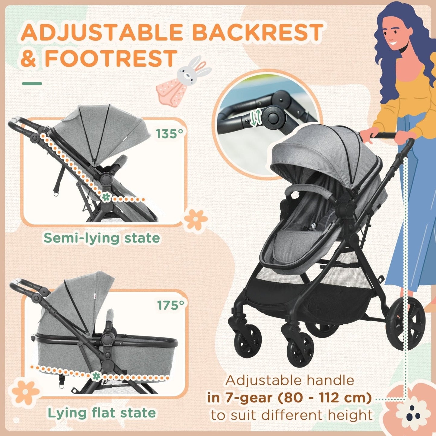 2 in 1 Lightweight Pushchair w/ Reversible Seat, Foldable Travel Baby Stroller w/ Fully Reclining From Birth to 3 Years, 5-point Harness Grey-4