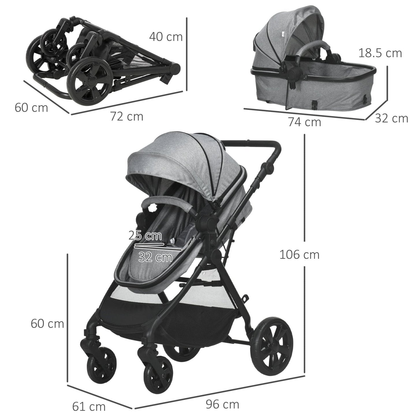 2 in 1 Lightweight Pushchair w/ Reversible Seat, Foldable Travel Baby Stroller w/ Fully Reclining From Birth to 3 Years, 5-point Harness Grey-2