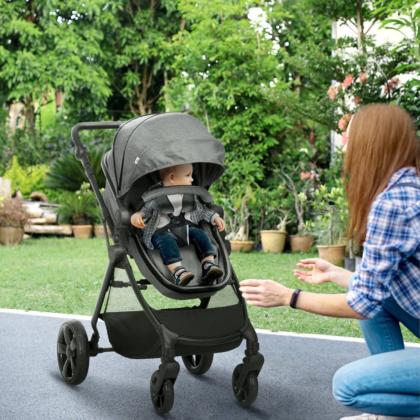 2 in 1 Lightweight Pushchair w/ Reversible Seat, Foldable Travel Baby Stroller w/ Fully Reclining From Birth to 3 Years, 5-point Harness Grey-1