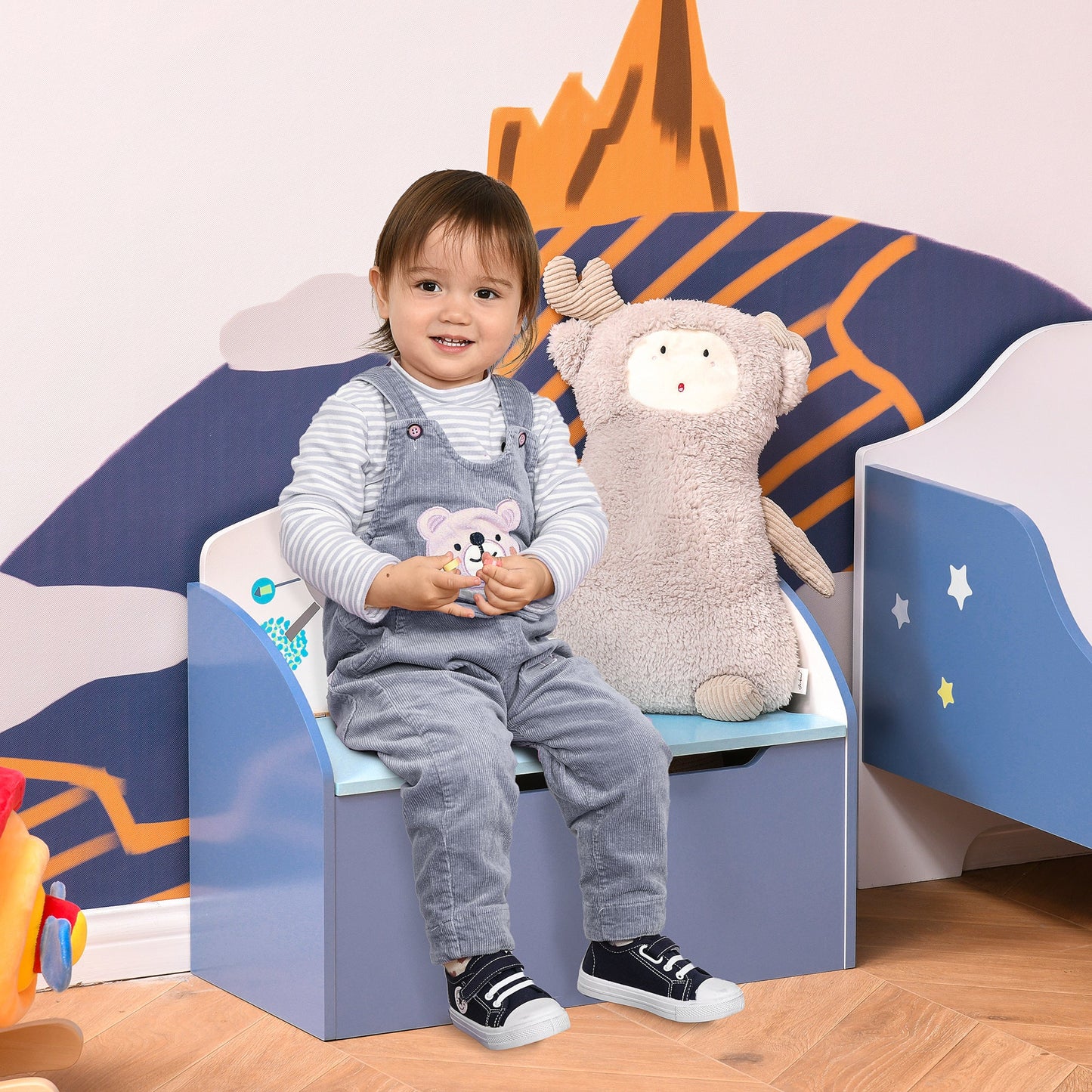 Kids Wooden Toy Storage Chest Chair 2 in 1 Design with Gas Stay Bar Safety Hinges Lid 60 x 30 x 50cm Blue-1