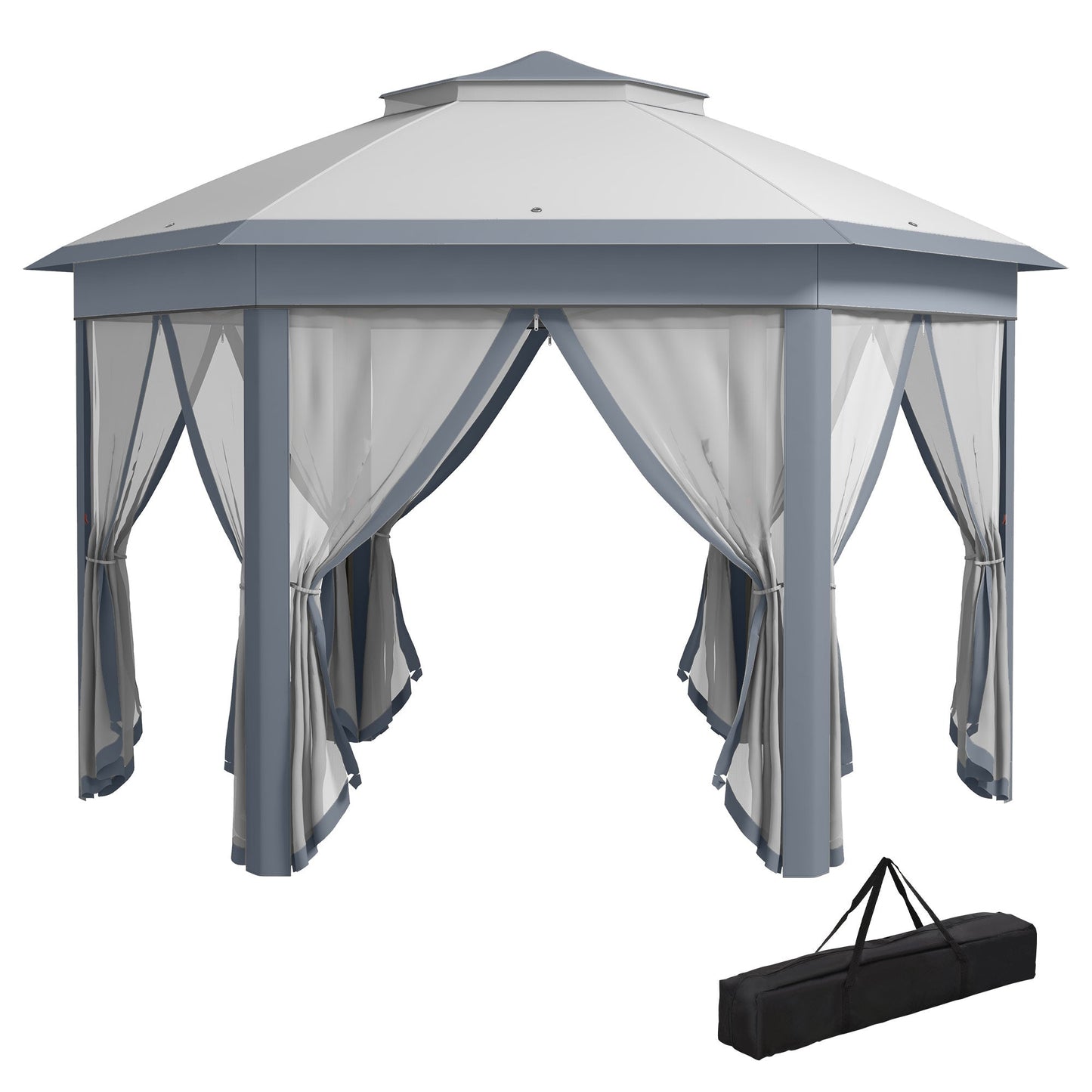 3 x 4m Metal Frame Hexagon Gazebo, with Curtains - Grey-0
