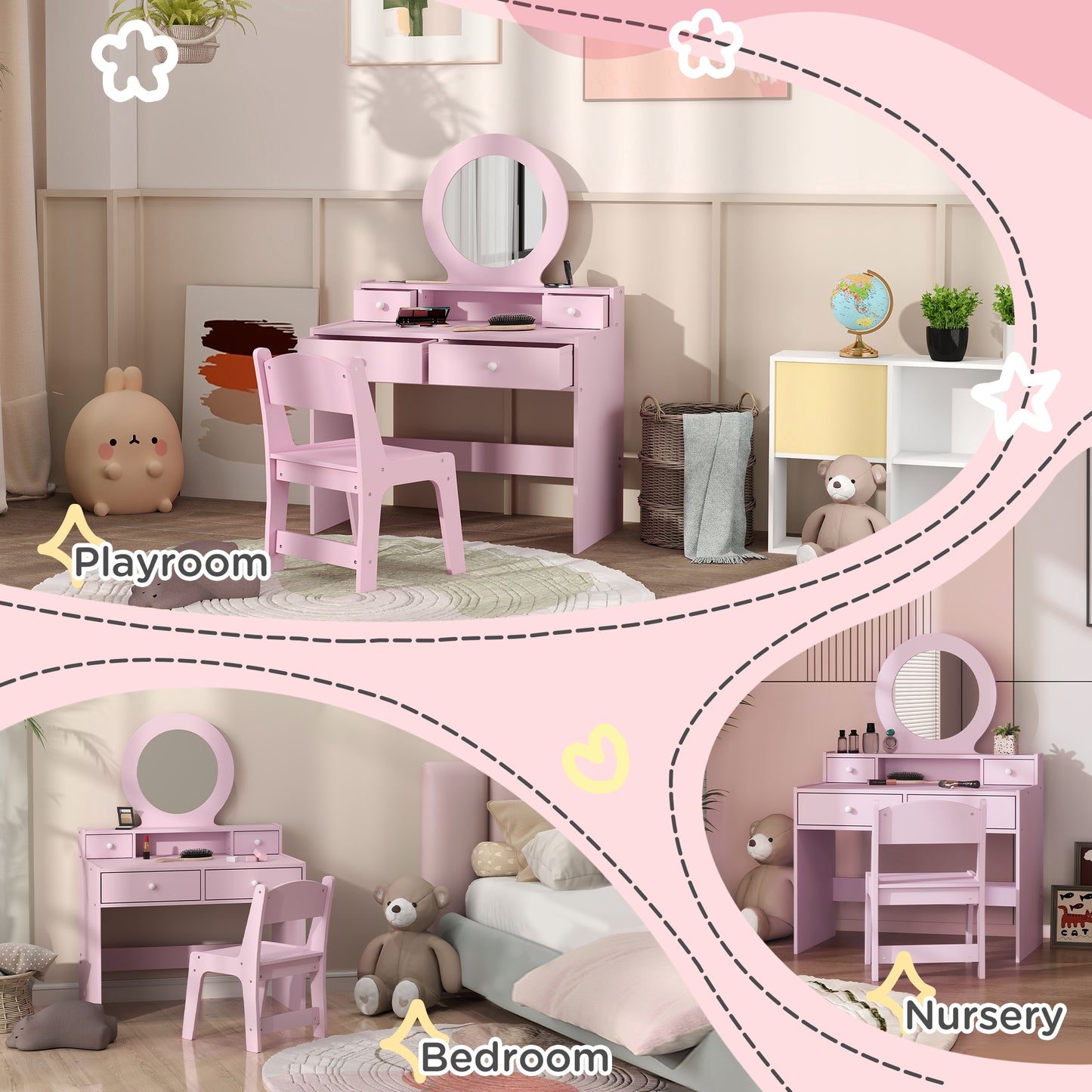 AIYAPLAY Kids Dressing Table Set Kids Make up Table with Stool and Mirror, Storage Drawers, Gift for Aged 3-8-5
