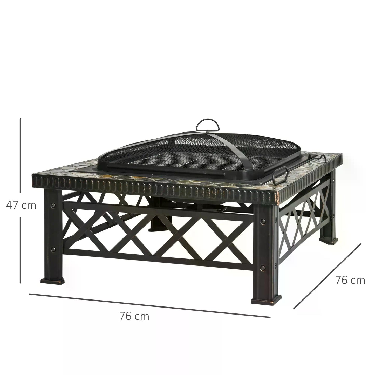3 in 1 Square Fire Pit Square Table Metal Brazier for Garden, Patio with BBQ Grill Shelf, Spark Screen Cover, Grate, Poker, 76 x 76 x 47cm-2