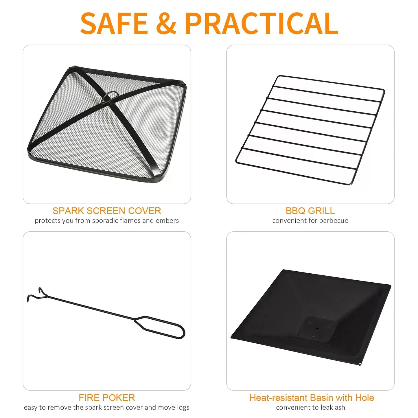 3 in 1 Square Fire Pit Square Table Metal Brazier for Garden, Patio with BBQ Grill Shelf, Spark Screen Cover, Grate, Poker, 76 x 76 x 47cm-4