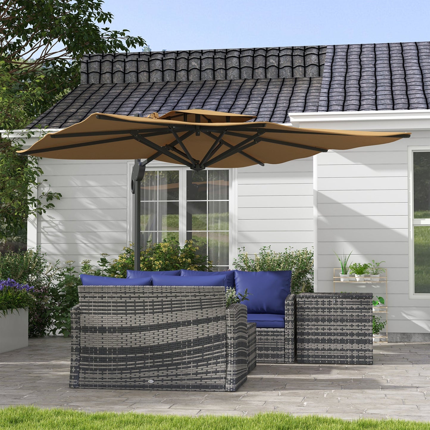 Garden Parasol, 3(m) Cantilever Parasol with Hydraulic Mechanism, Dual Vented Top, 8 Ribs, Cross Base, Khaki-1