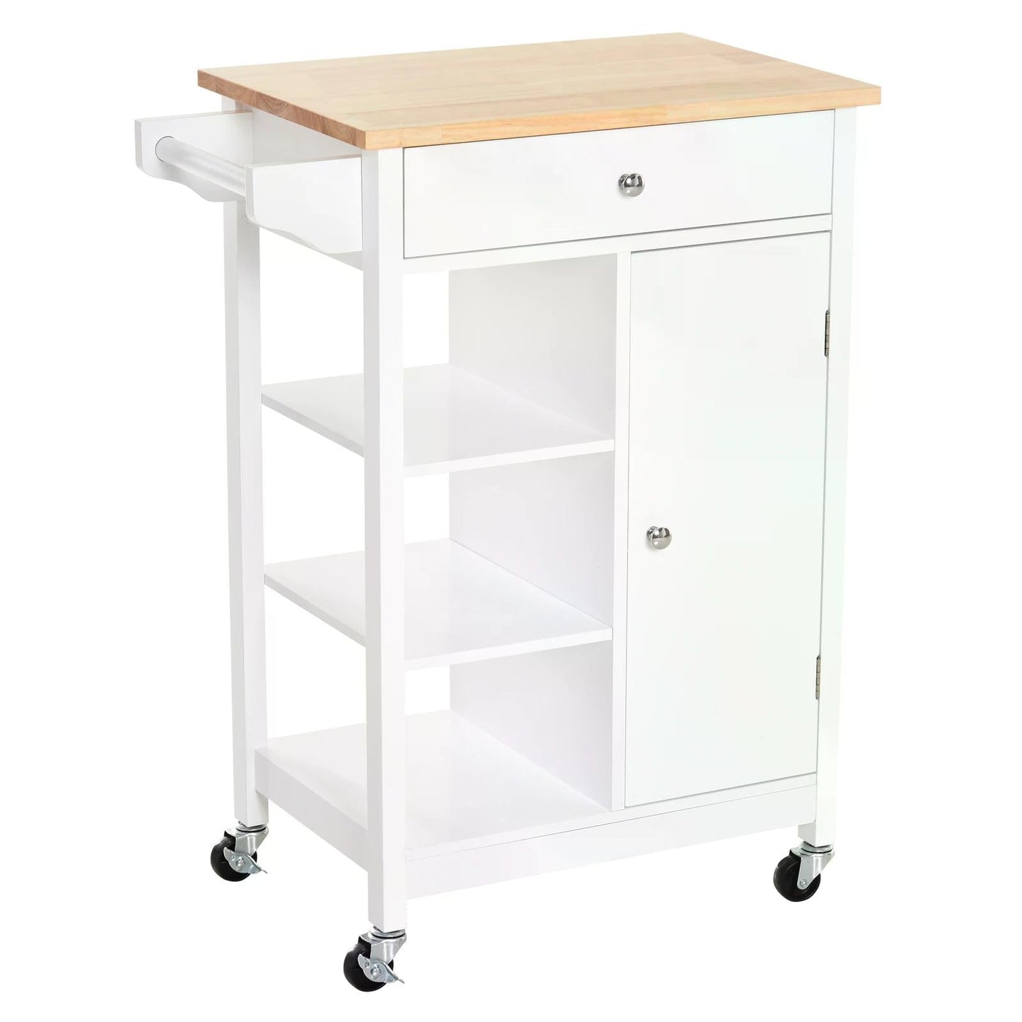 Kitchen Storage Trolley Unit w/ Wood Top 3 Shelves Cupboard Drawer Rail 4 Wheels Handles Moving Shelf Handy Spacesaver White-1