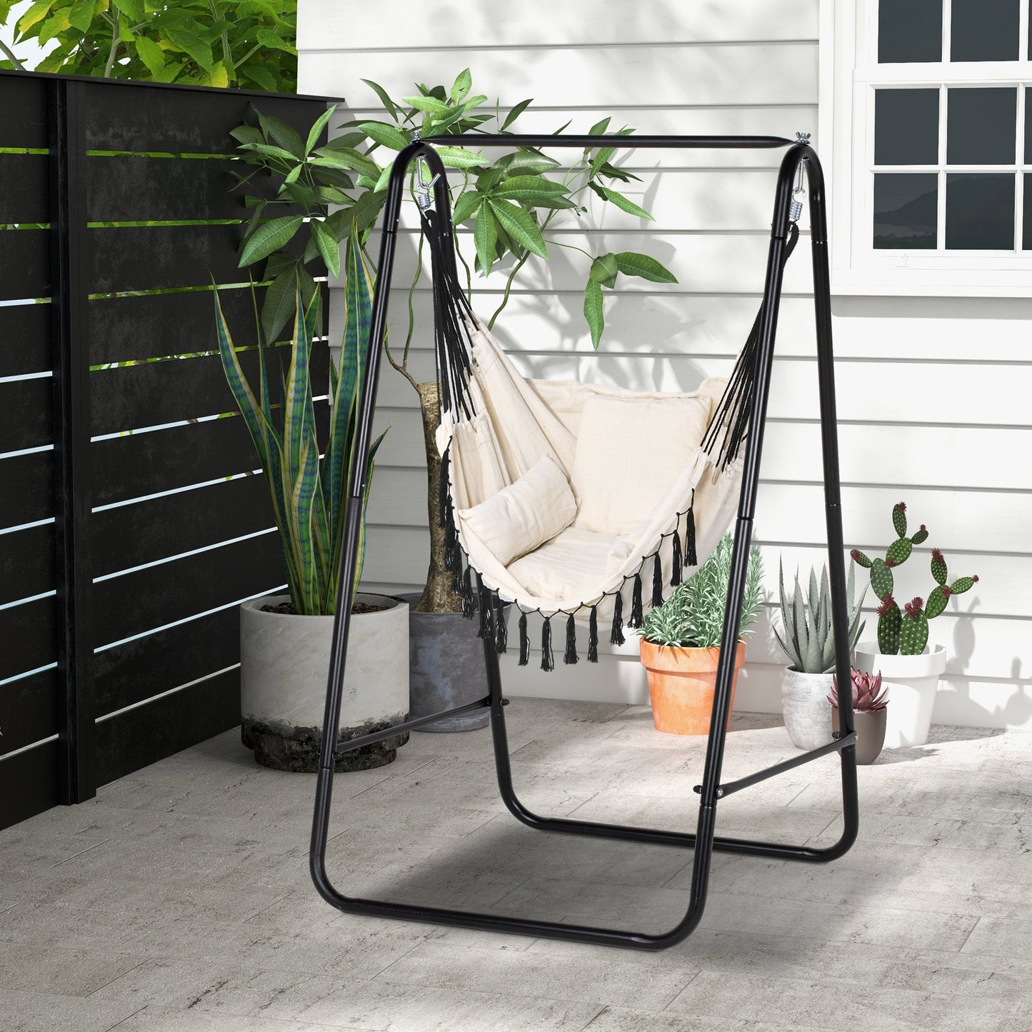Hammock Chair with Stand, Hammock Swing Chair with Cushion, Cream White-1