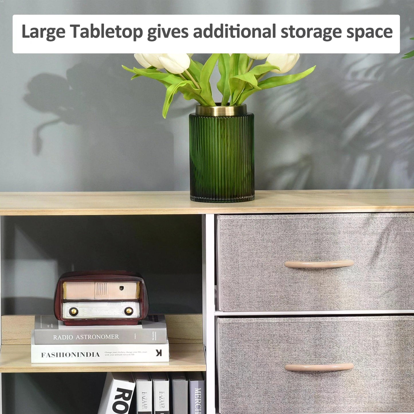 Chest of Drawers Storage Dresser Cabinet Organizer with 3 Fabric Drawers and 2 Display Shelves for Living Room, Bedroom, Hallway, Beige-4