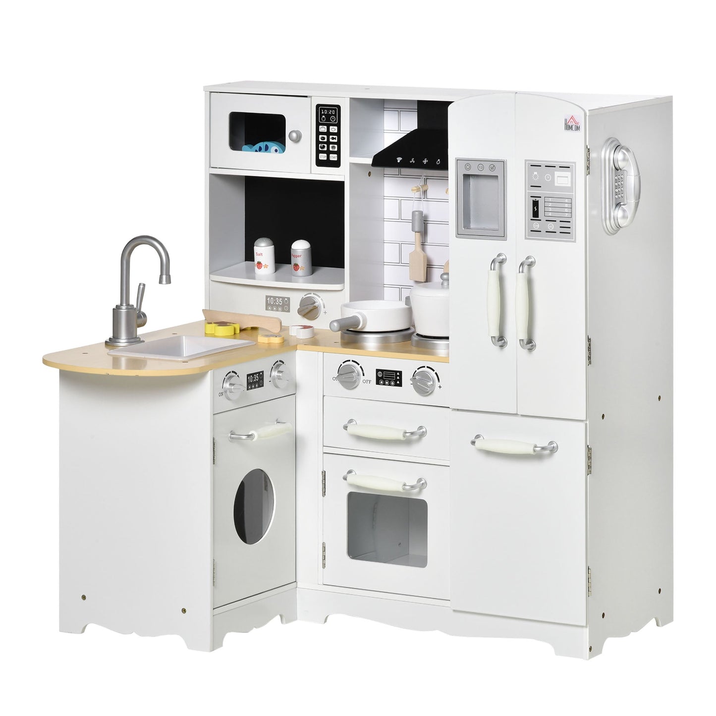 Kids Wooden Kitchen, Large Pretend Role Play Kitchen w/ Realistic Refrigerator, Microwave, Oven, Range Hood, Sink, Telephone-0