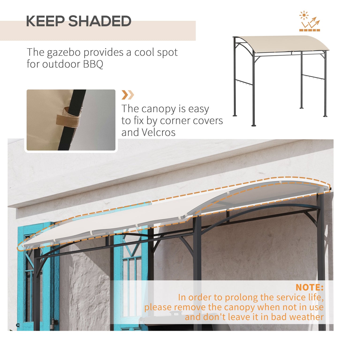 2.2 x 1.5 m BBQ Grill Gazebo Tent, Garden Grill with Metal Frame, Curved Canopy and 10 Hooks, Outdoor Sun Shade, Beige-3