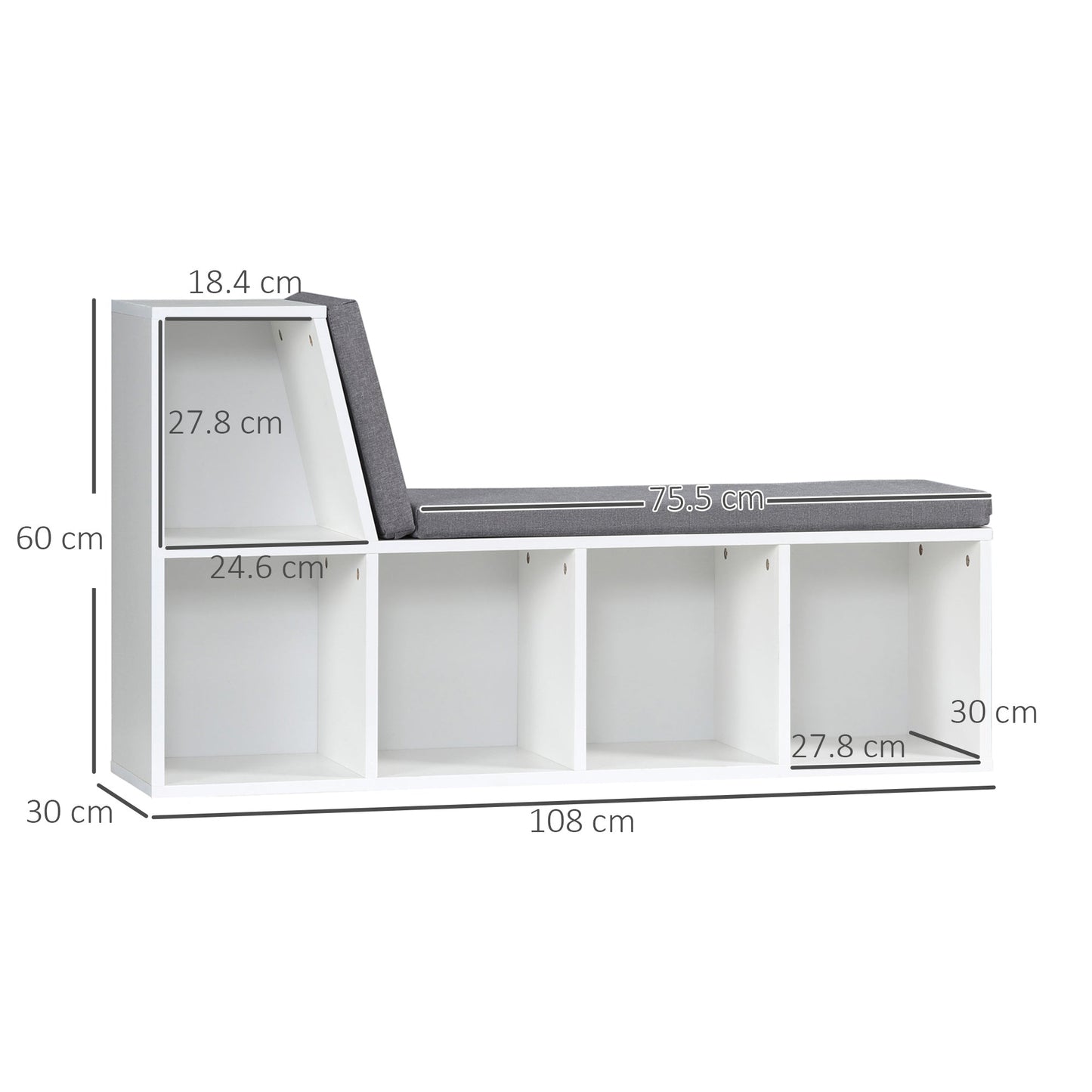 Bookcase Storage Shelf with Cushioned Reading Seat, Bookshelf Storage Cabinet for Study Living Room, White-2