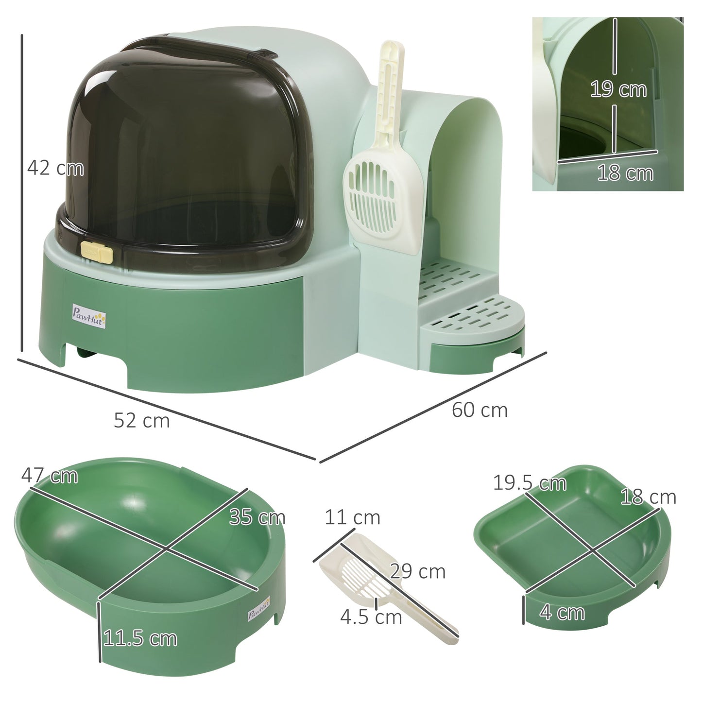 PP Cat Litter Box with Drawer Pans Scoop Openable Cover Green-2