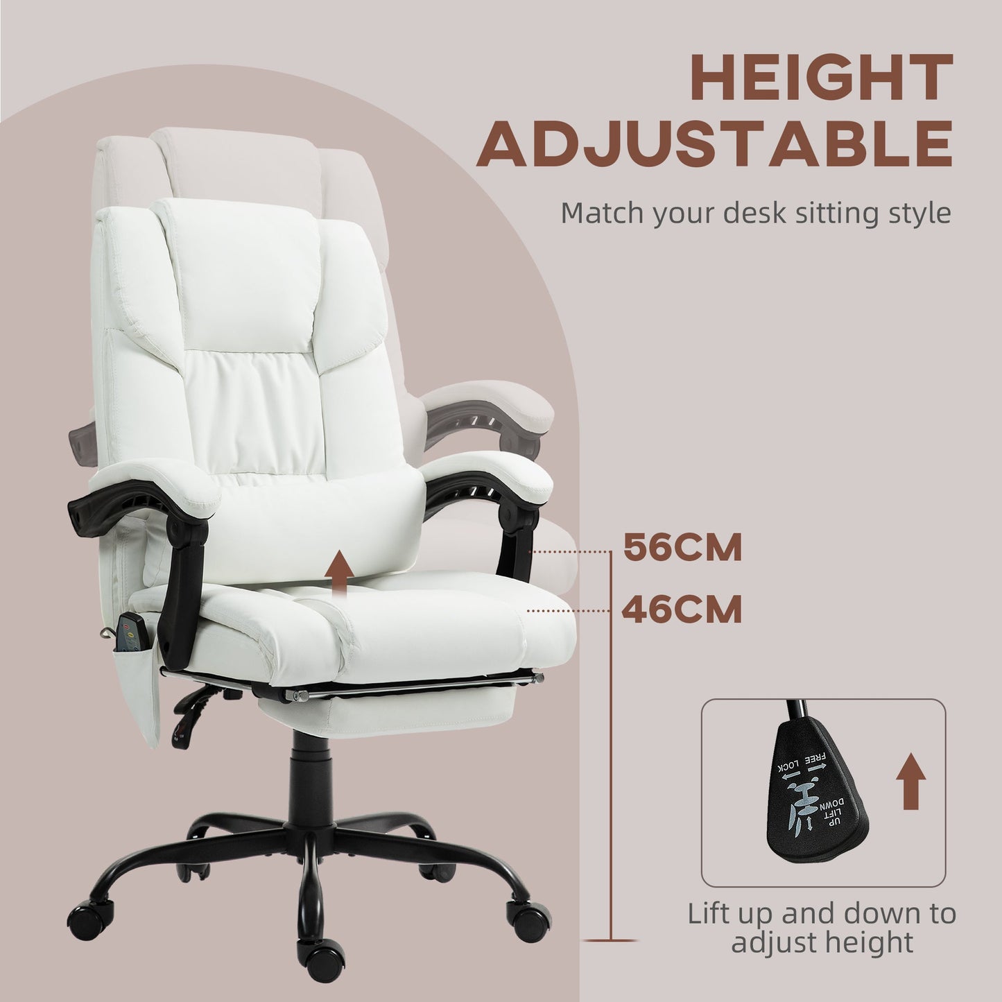 6-Point Massage Office Chair, PU Leather Desk Chair with Adjustable Height and Footrest for Home Office, White-3