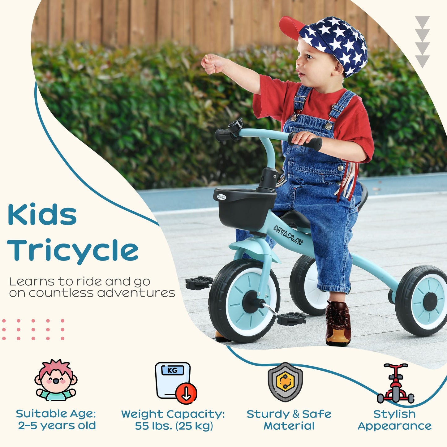 Kids Trike, Tricycle, with Adjustable Seat, Basket, Bell, for Ages 2-5 Years - Blue-3