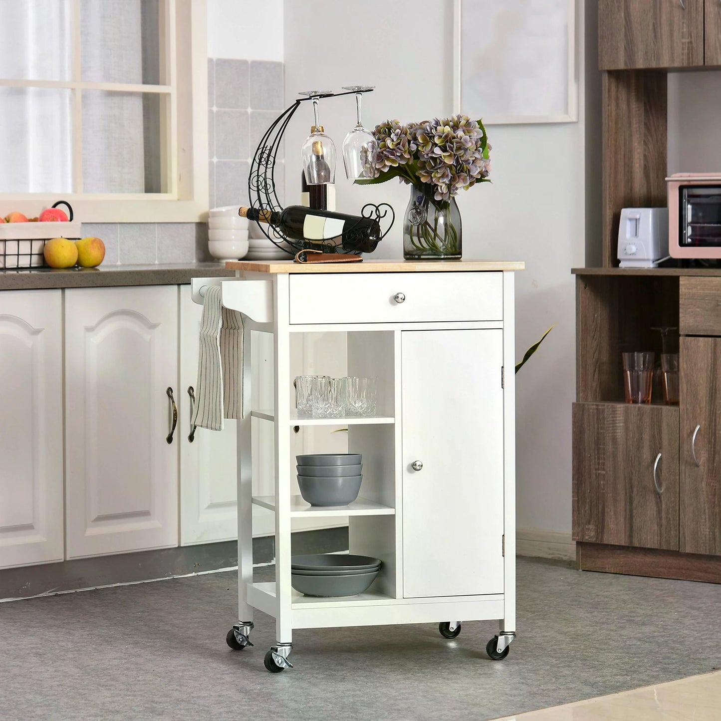 Kitchen Storage Trolley Unit w/ Wood Top 3 Shelves Cupboard Drawer Rail 4 Wheels Handles Moving Shelf Handy Spacesaver White-0