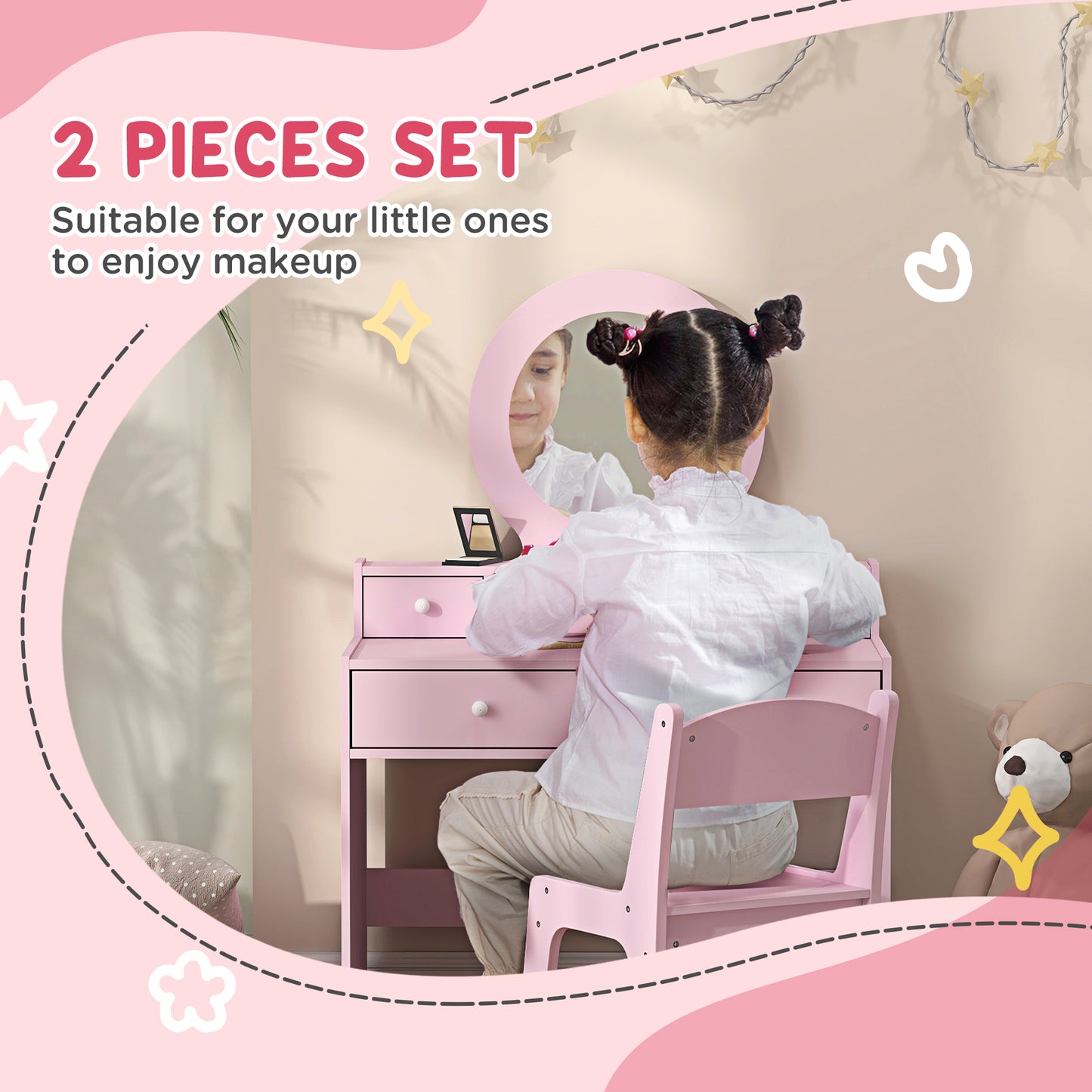 AIYAPLAY Kids Dressing Table Set Kids Make up Table with Stool and Mirror, Storage Drawers, Gift for Aged 3-8-2
