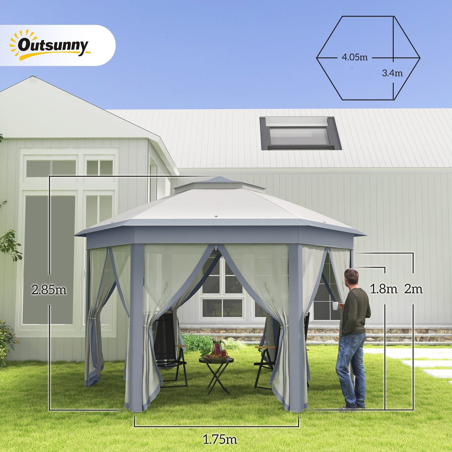 3 x 4m Metal Frame Hexagon Gazebo, with Curtains - Grey-2