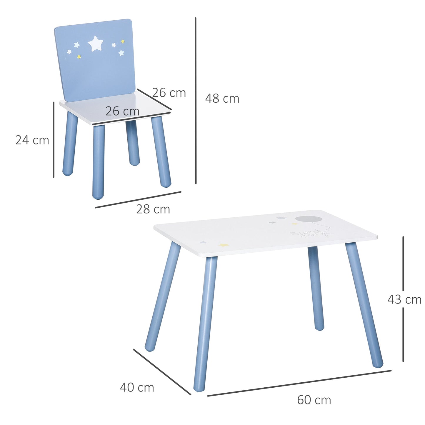 Kids Table and Chairs Set 3 Pieces 1 Table 2 Chairs Toddler Wooden Multi-usage Easy Assembly Star Image Ornament Blue and White-2