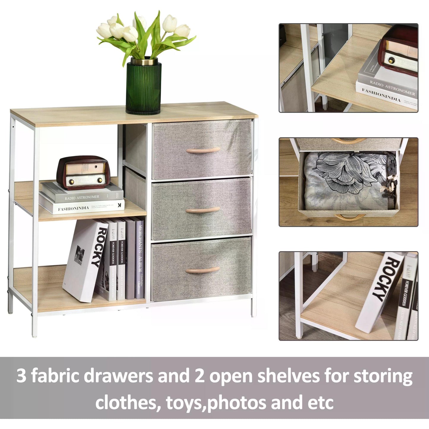 Chest of Drawers Storage Dresser Cabinet Organizer with 3 Fabric Drawers and 2 Display Shelves for Living Room, Bedroom, Hallway, Beige-3
