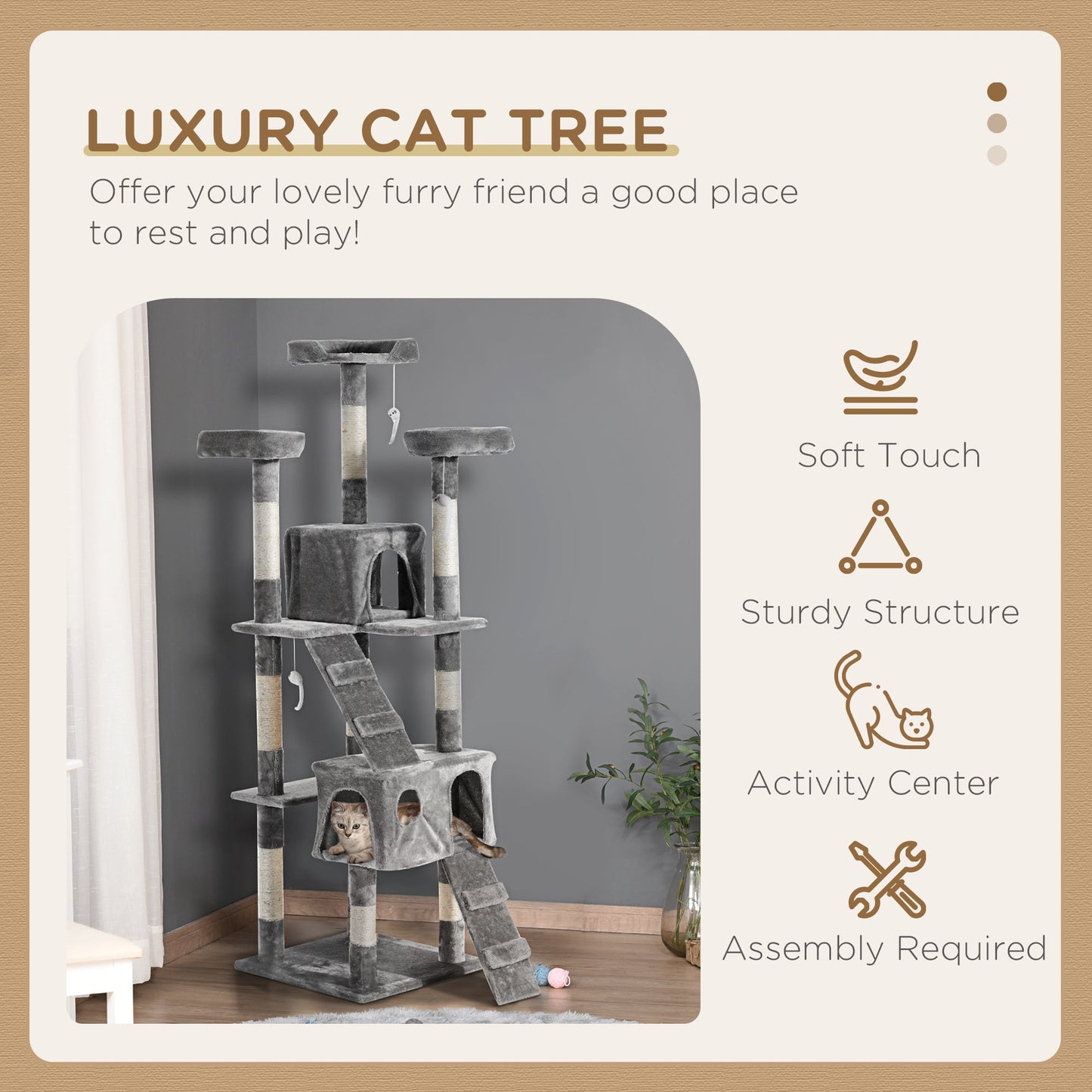 Cat Tree for Indoor Cats Kitten Kitty Scratching Scratcher Post Climbing Tower Activity Centre House Grey-3