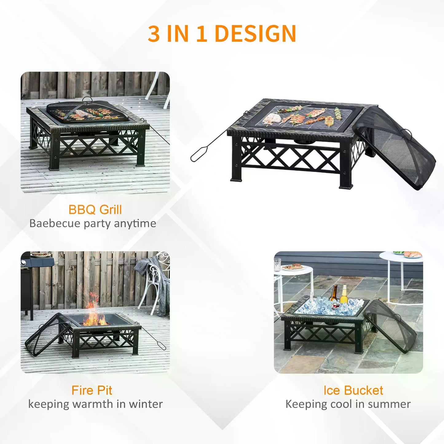 3 in 1 Square Fire Pit Square Table Metal Brazier for Garden, Patio with BBQ Grill Shelf, Spark Screen Cover, Grate, Poker, 76 x 76 x 47cm-3