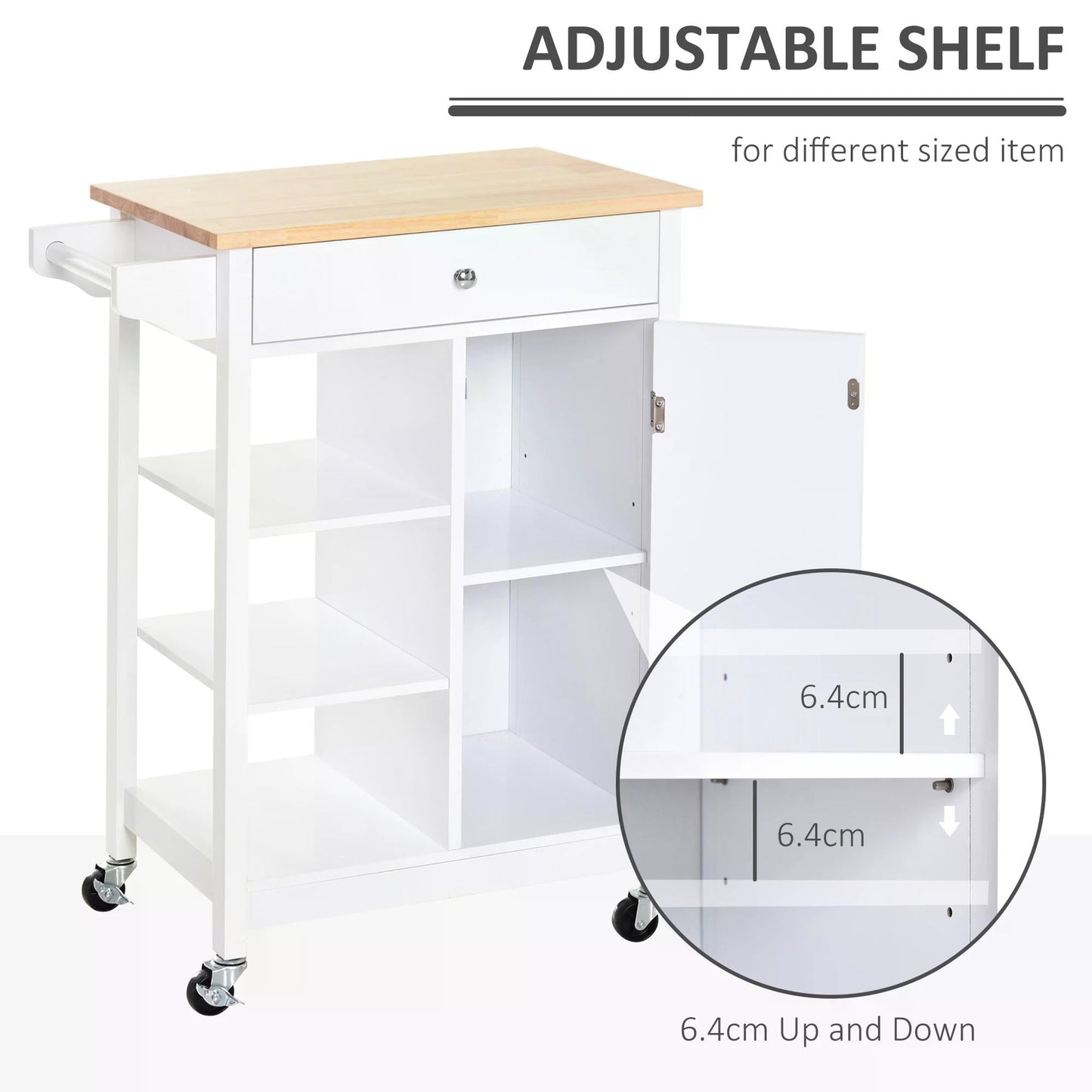 Kitchen Storage Trolley Unit w/ Wood Top 3 Shelves Cupboard Drawer Rail 4 Wheels Handles Moving Shelf Handy Spacesaver White-4