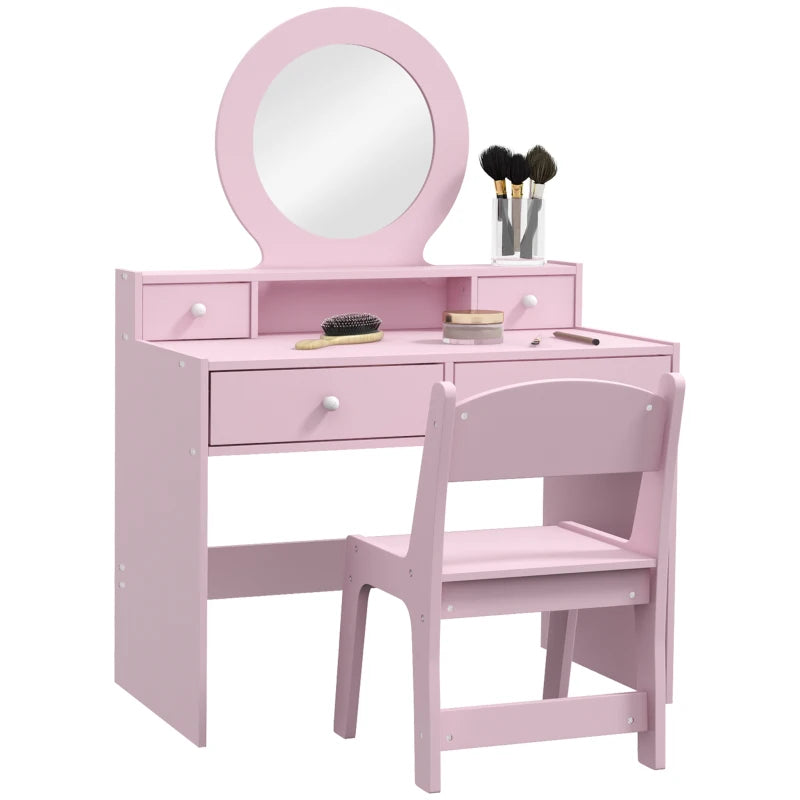 AIYAPLAY Kids Dressing Table Set Kids Make up Table with Stool and Mirror, Storage Drawers, Gift for Aged 3-8-0