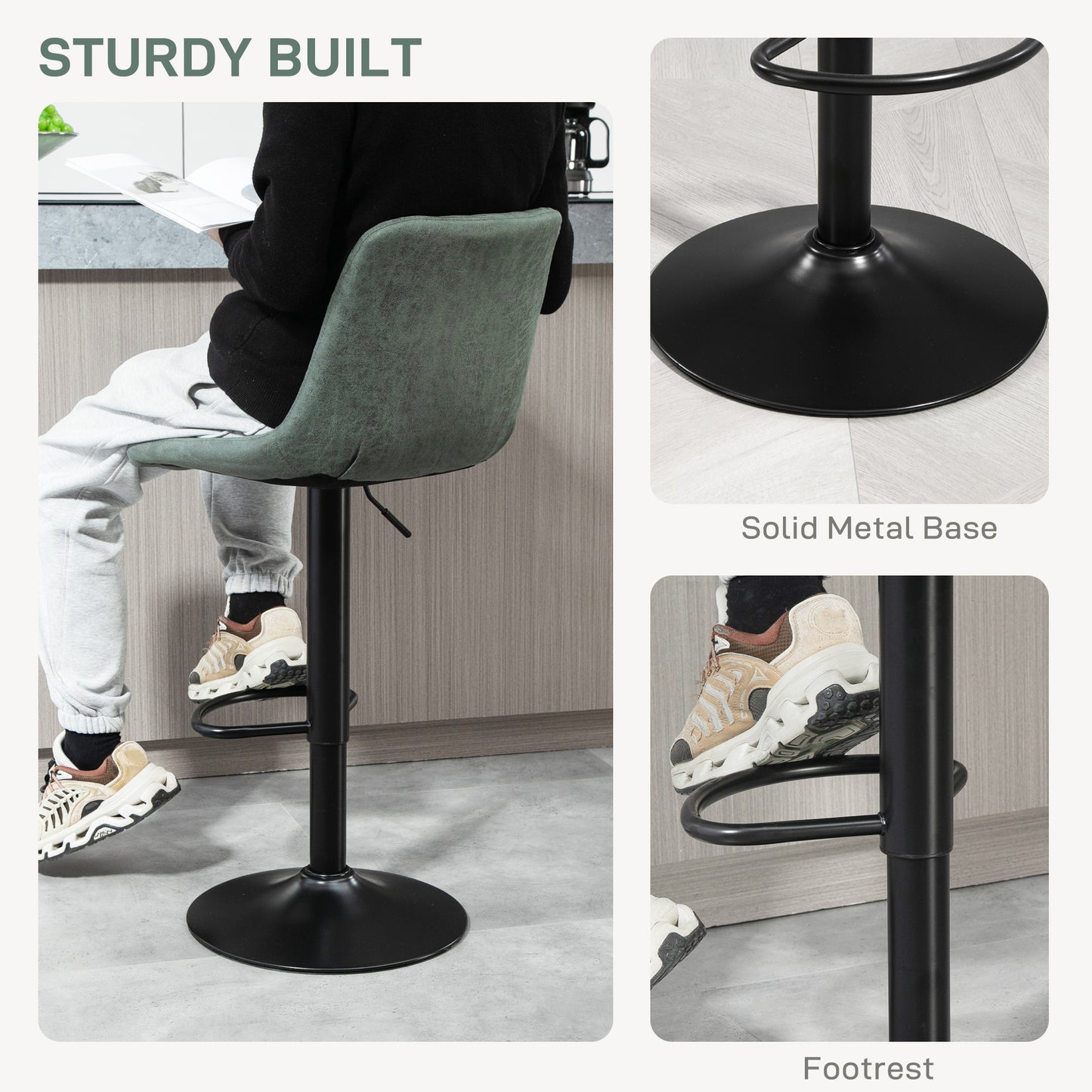 Adjustable Bar Stools Set of 2 Counter Height Barstools Dining Chairs 360° Swivel with Footrest for Home Pub, Green by HOMCOM-5