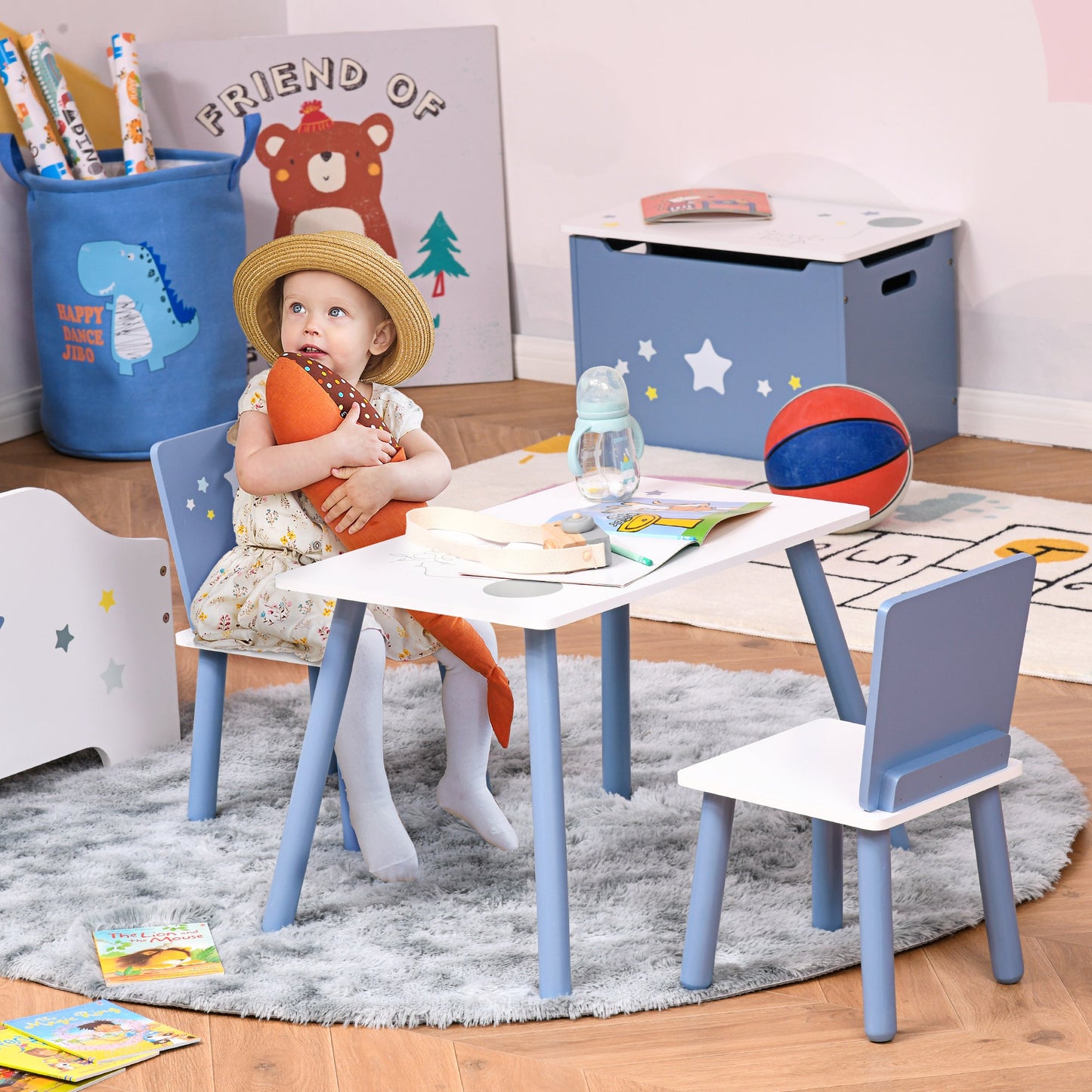 Kids Table and Chairs Set 3 Pieces 1 Table 2 Chairs Toddler Wooden Multi-usage Easy Assembly Star Image Ornament Blue and White-1