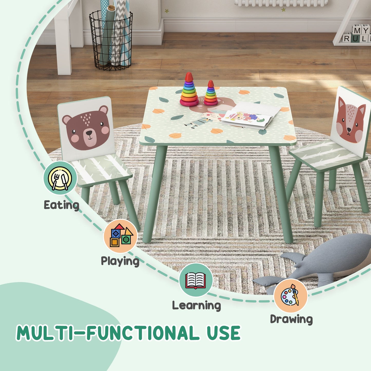 Kids Table and Chairs, Children Desk with 2 Chairs, 3 Pieces Toddler Activity Furniture Set for Bedroom, Nursery, Playroom, Green-3