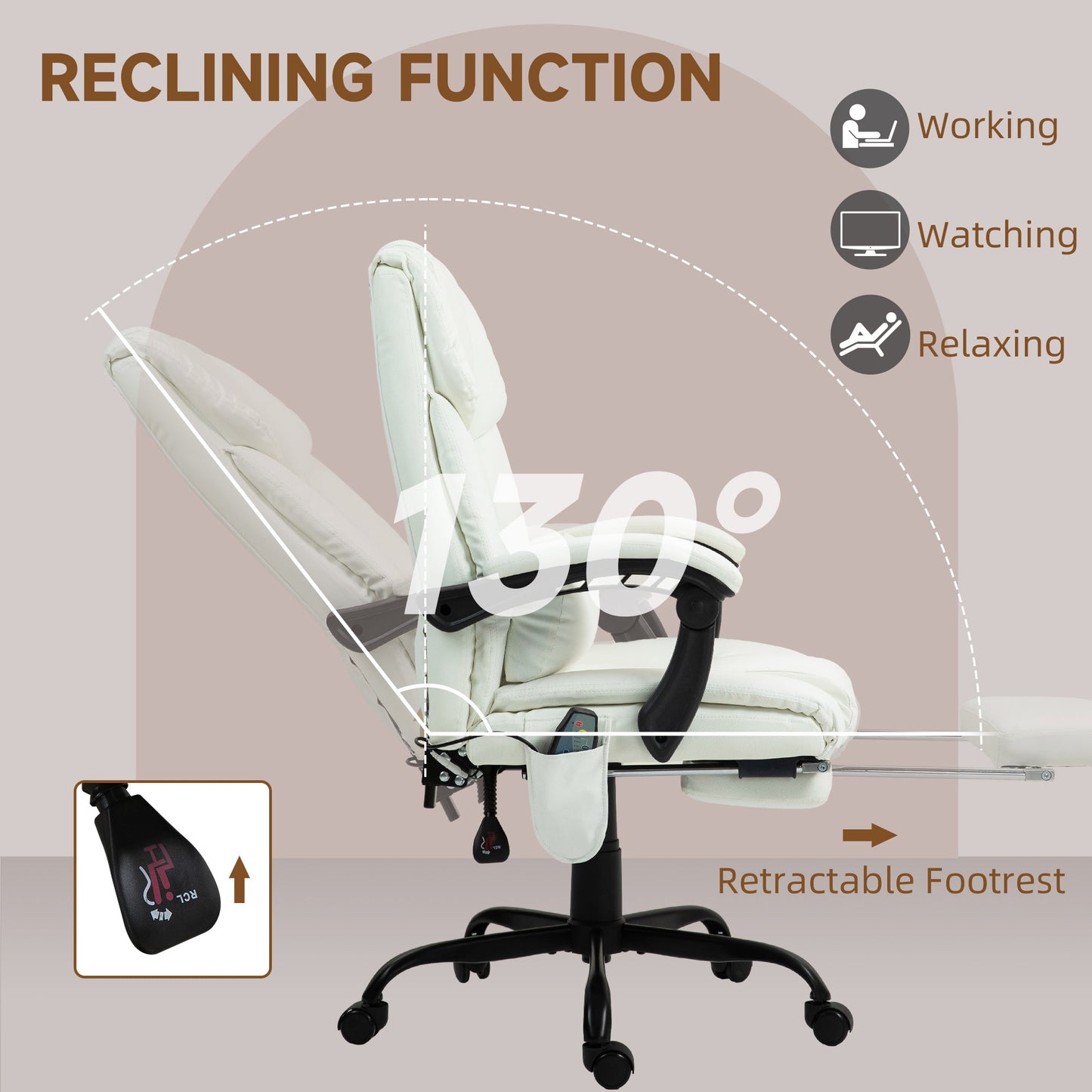 6-Point Massage Office Chair, PU Leather Desk Chair with Adjustable Height and Footrest for Home Office, White-4