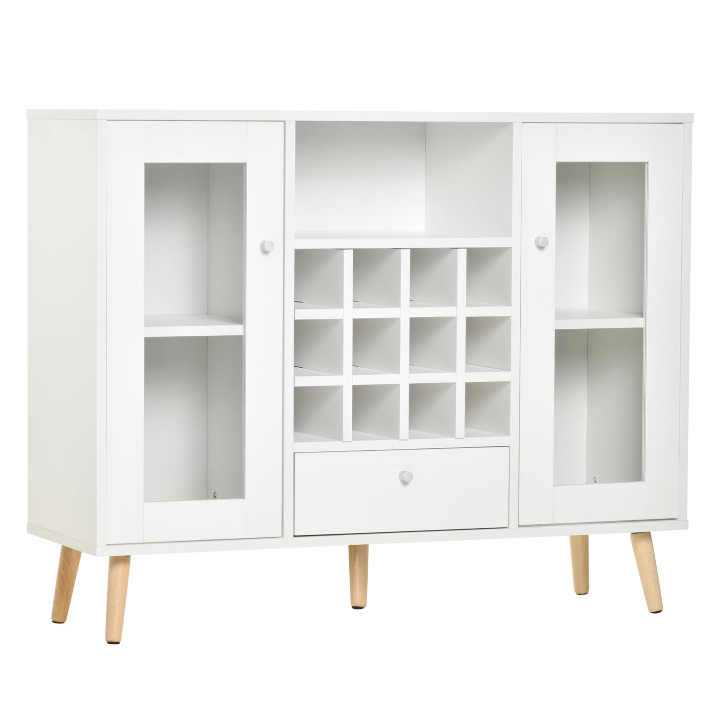 Modern Sideboard Storage Cabinet Kitchen Cupboard Dining Bar Server with Glass Doors, Drawer & 12-Bottle Wine Rack for Living Room, White-0