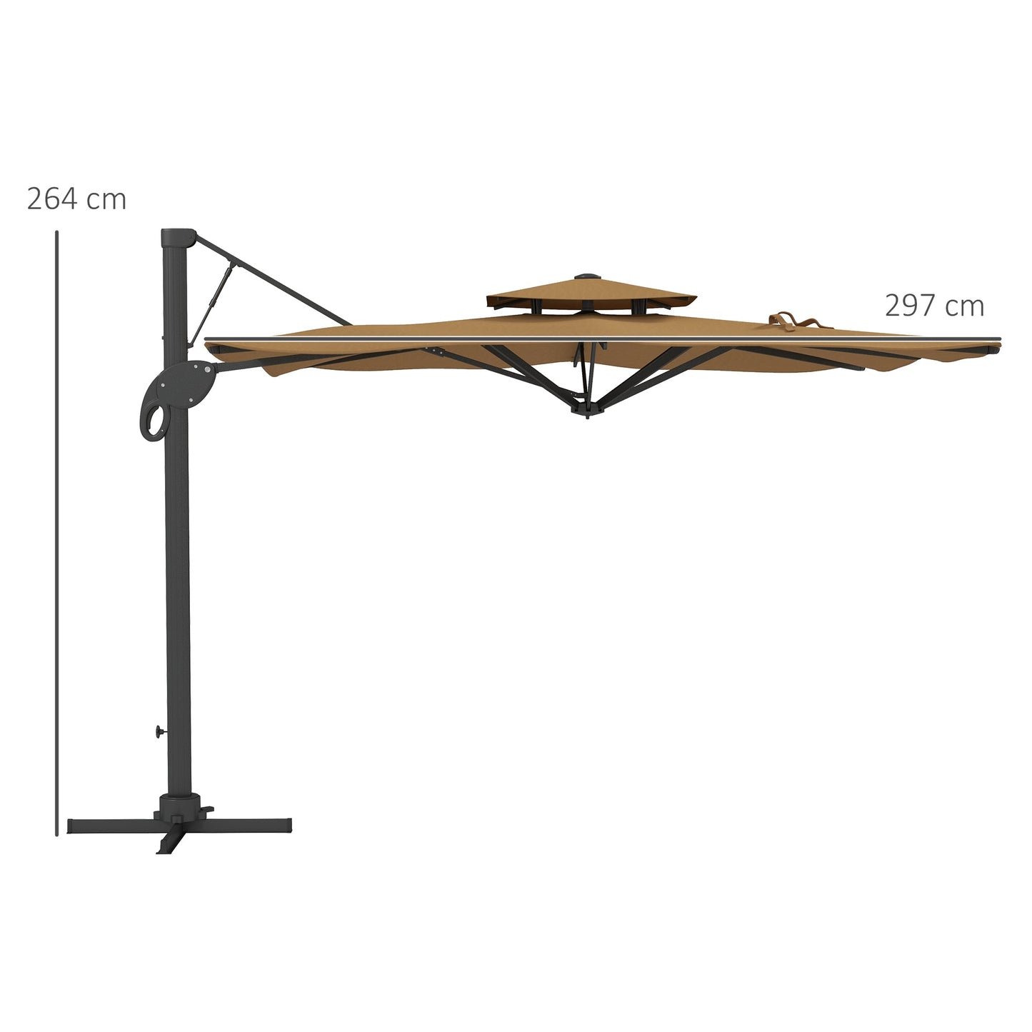 Garden Parasol, 3(m) Cantilever Parasol with Hydraulic Mechanism, Dual Vented Top, 8 Ribs, Cross Base, Khaki-2