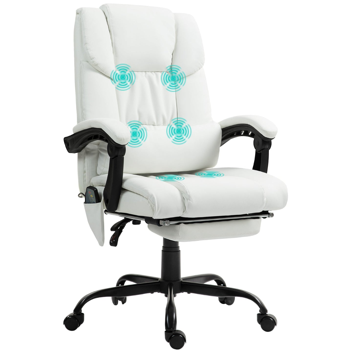 6-Point Massage Office Chair, PU Leather Desk Chair with Adjustable Height and Footrest for Home Office, White-0