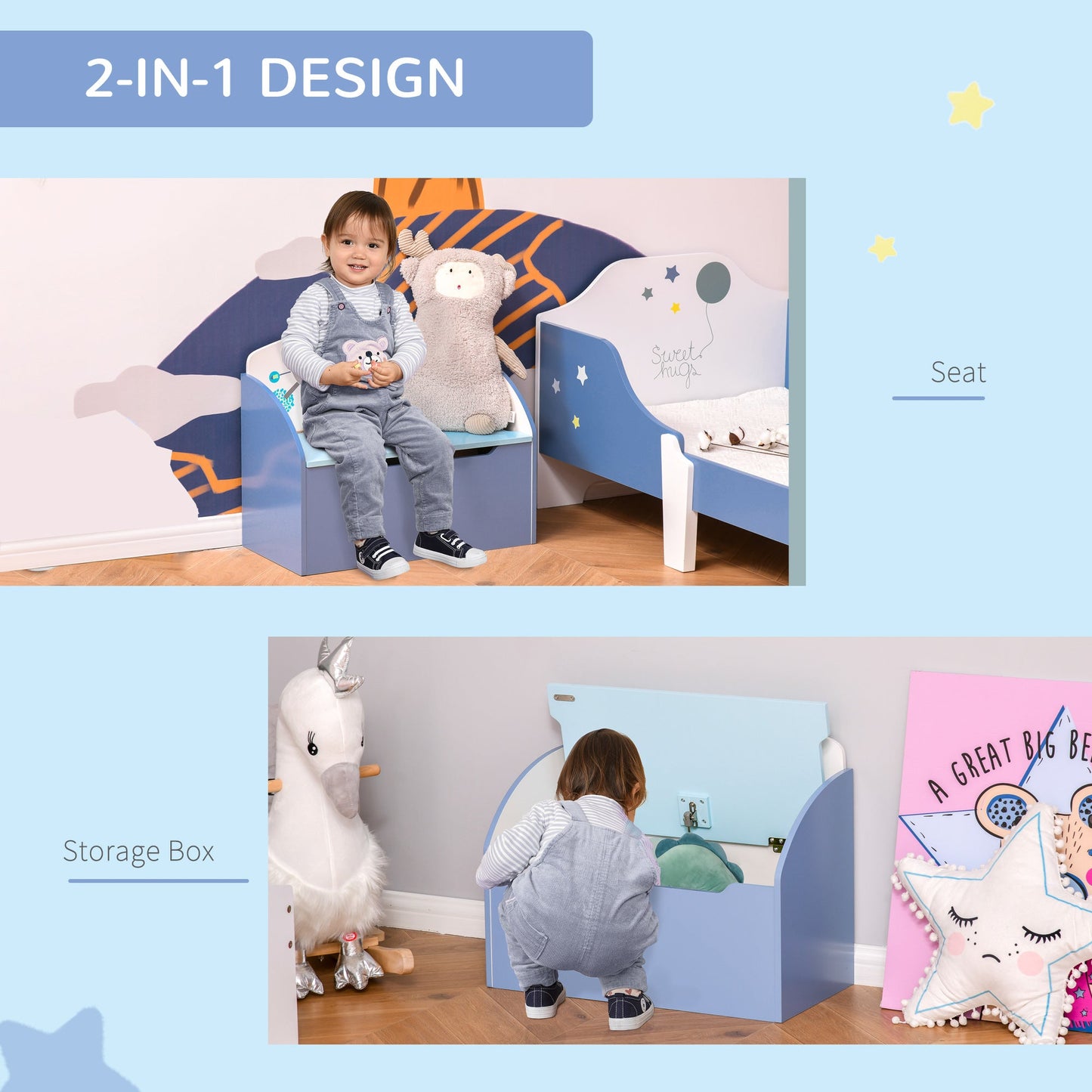 Kids Wooden Toy Storage Chest Chair 2 in 1 Design with Gas Stay Bar Safety Hinges Lid 60 x 30 x 50cm Blue-4