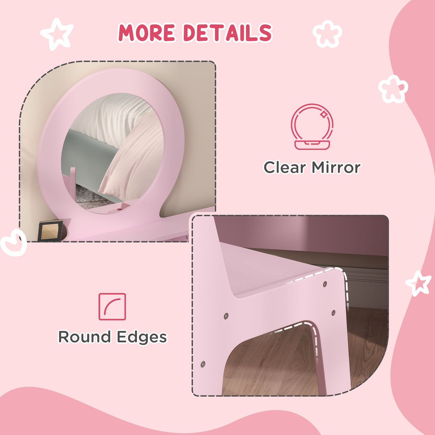 AIYAPLAY Kids Dressing Table Set Kids Make up Table with Stool and Mirror, Storage Drawers, Gift for Aged 3-8-4