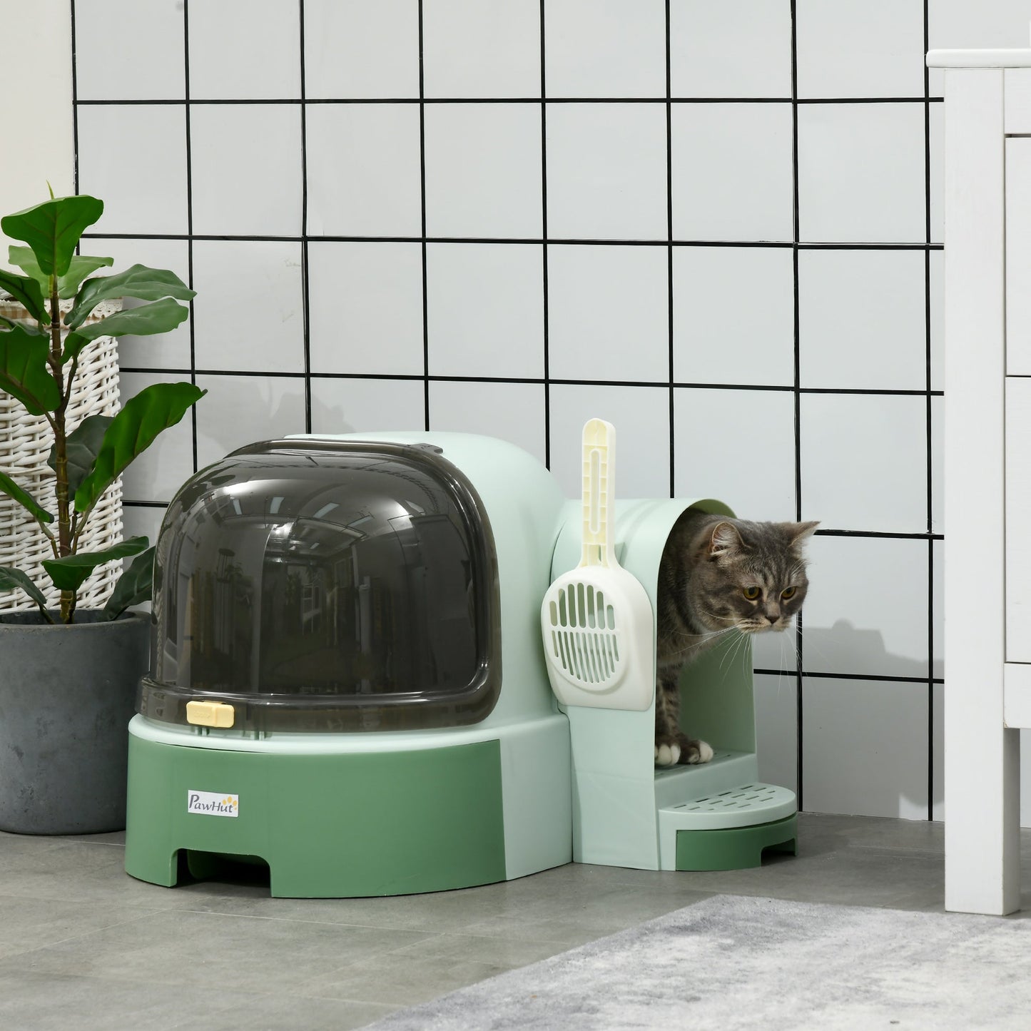 PP Cat Litter Box with Drawer Pans Scoop Openable Cover Green-1