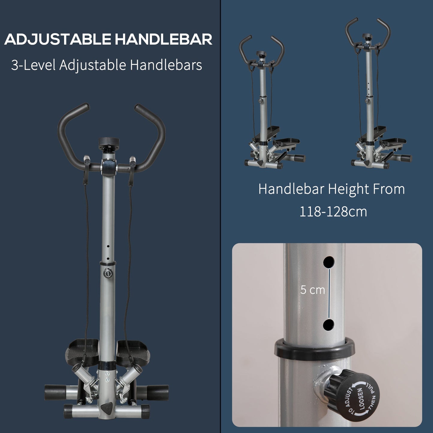 Adjustable Twist Stepper Fitness Step Machine, LCD Screen, Height-Adjust Handlebars, Home Gym, Silver and Black-3