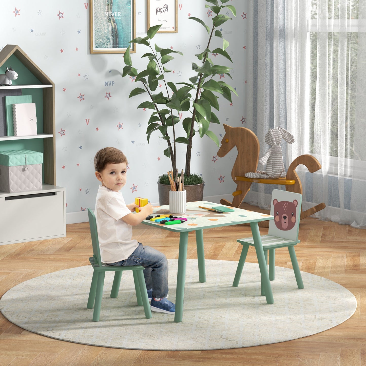 Kids Table and Chairs, Children Desk with 2 Chairs, 3 Pieces Toddler Activity Furniture Set for Bedroom, Nursery, Playroom, Green-1