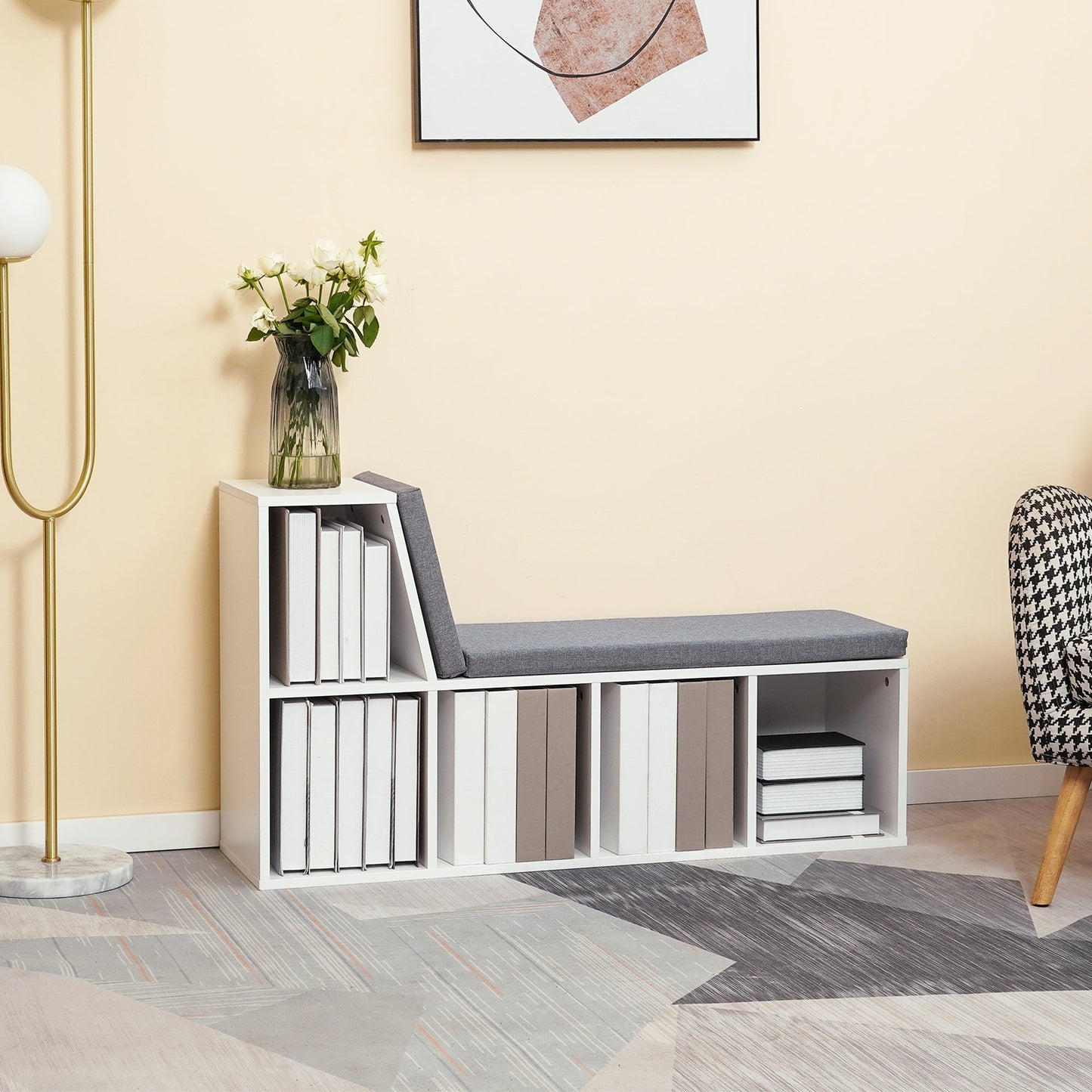 Bookcase Storage Shelf with Cushioned Reading Seat, Bookshelf Storage Cabinet for Study Living Room, White-1